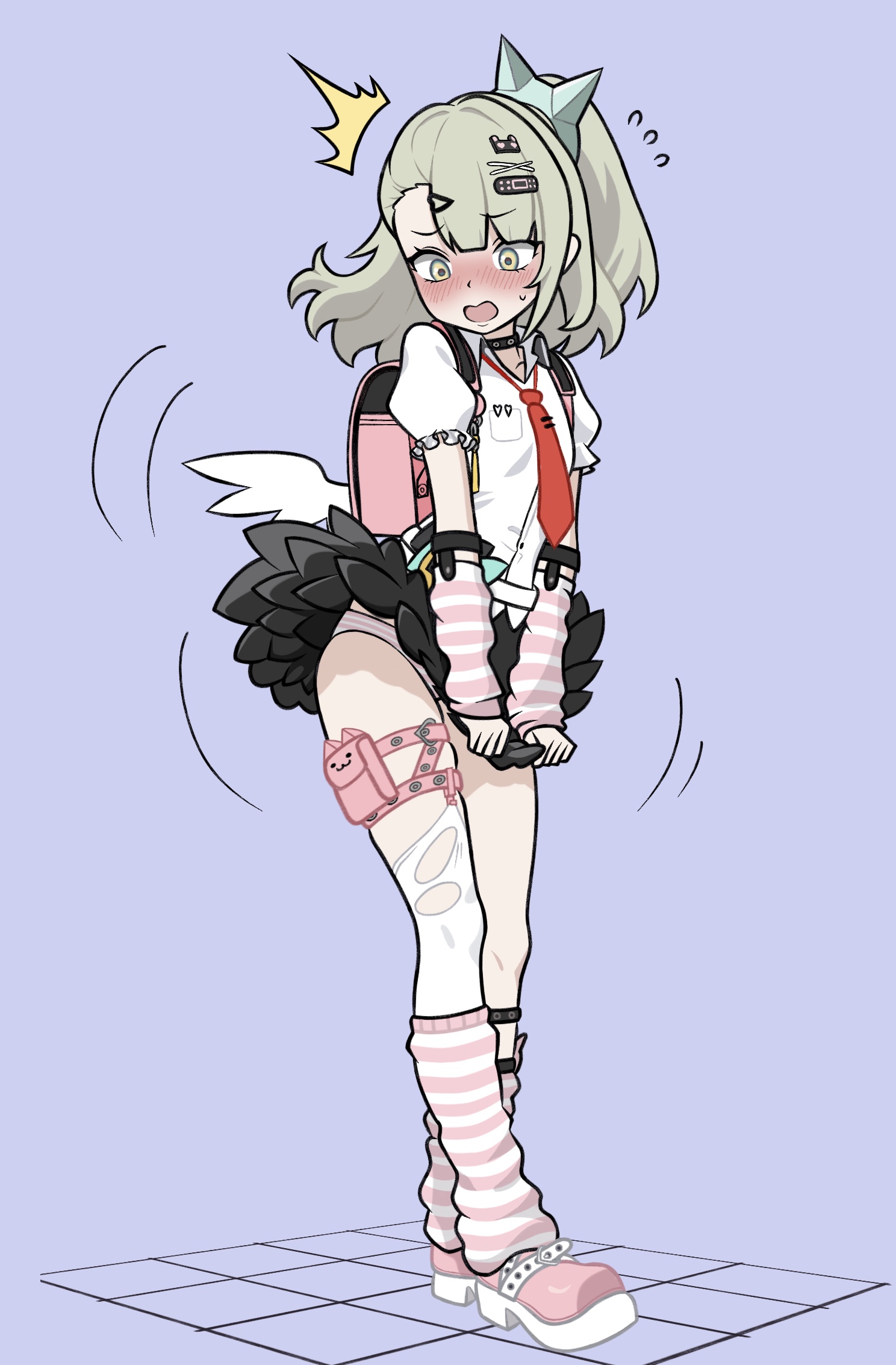 1girls, angels of delusion, arm warmers, artist request, black skirt, blush, chinatsu remiel, flat chest, flat chested, leg warmers, panties, petite female, randoseru, red necktie, shocked, shocked expression, shy, skirt lift, skirt up, small breasts, striped panties, sunna (zenless zone zero), surprised, surprised expression, white shirt, wind blowing skirt, wind lift, zenless zone zero
