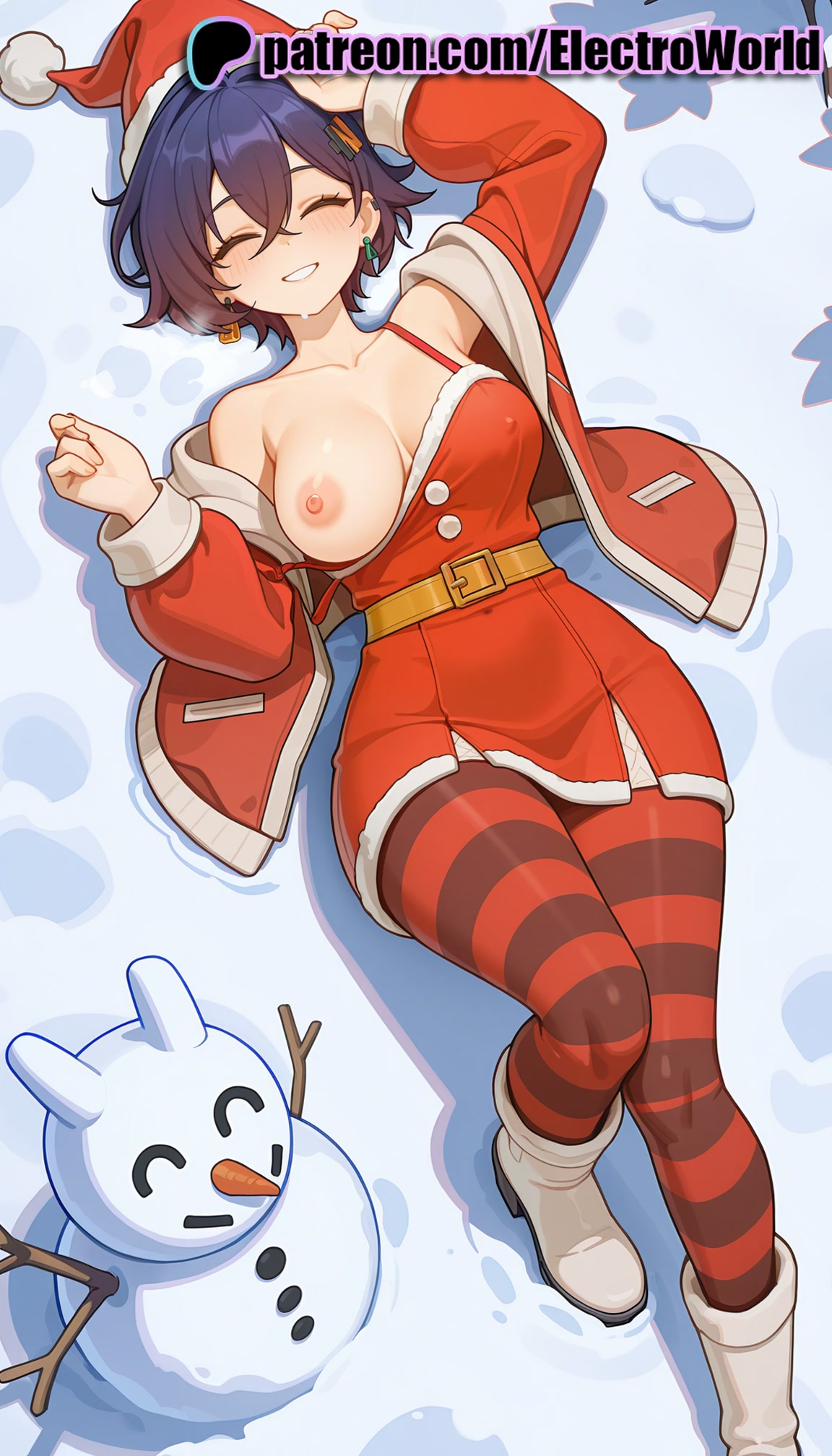 1girls, 2026, ai generated, antlers, artist name, belle (zenless zone zero), boots, breasts, bust, chest, christmas, closed eyes, earrings, electroworld, exposed nipples, female, fur-trimmed headwear, hat, hi res, high quality, high resolution, highres, jewelry, nipples, nipples outside, patreon, patreon username, red headwear, reindeer antlers, santa costume, santa dress, santa hat, short hair, smile, stable diffusion, striped, striped legwear, watermark, zenless zone zero