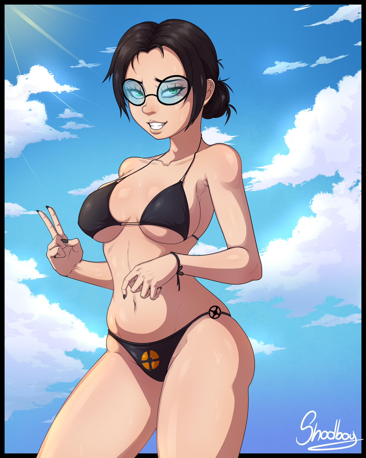1girls, 2024, beach, bikini, bikini bottom, bikini top, breasts, curvy, fanart, female, female only, medium breasts, miss pauling, no dialogue, old art, peace sign, pinup, shadboya, solo, sweat, sweating, team fortress 2, variant, variant set