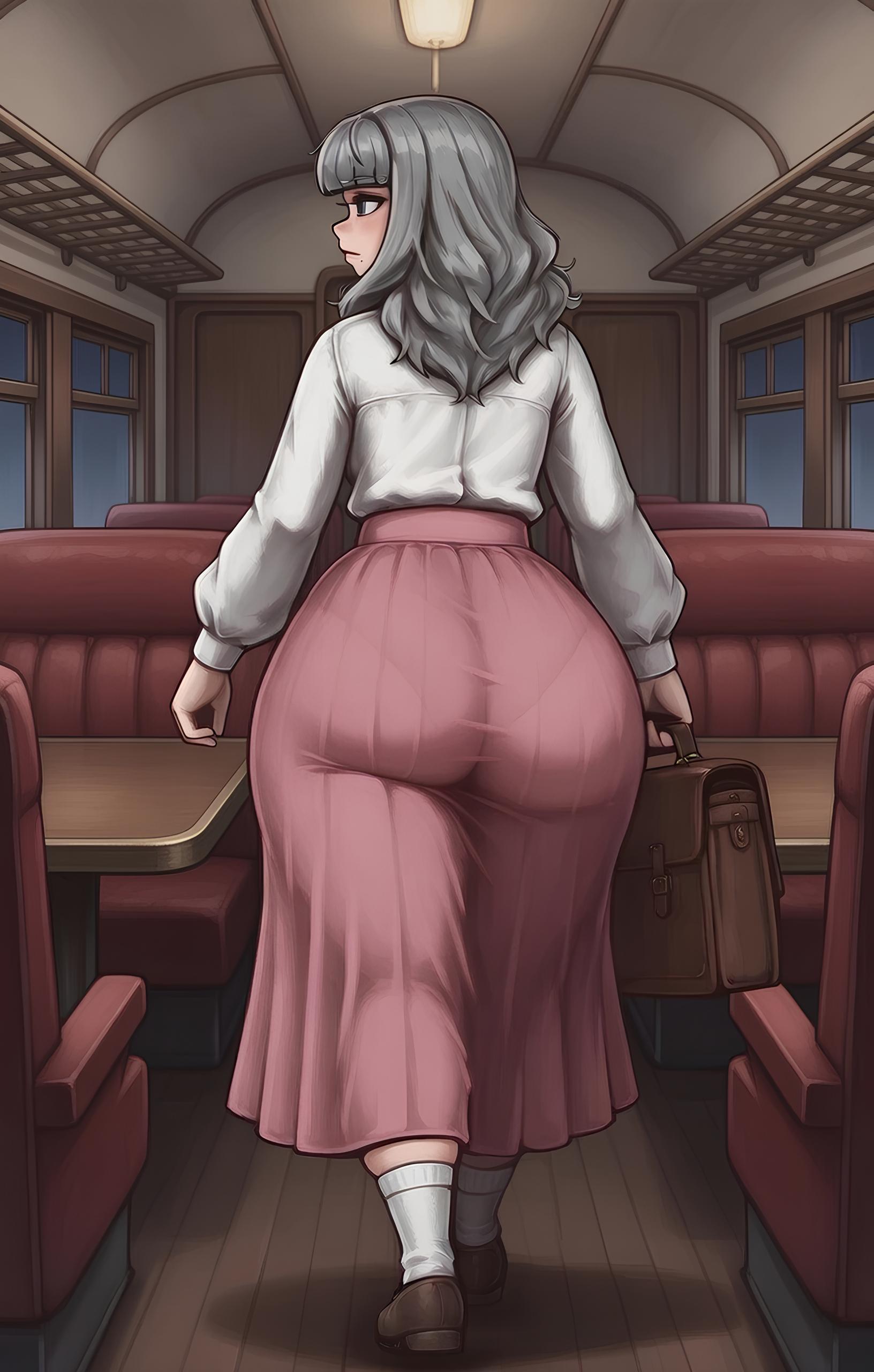 1boy, ai generated, ass, ass bigger than head, ass focus, big ass, big ass (male), briefcase, fear and hunger, fear and hunger: termina, feminine male, grey hair, male, male only, marina (fear and hunger), mole, mole under mouth, mrnails, pantylines, pink shirt, scene reference, see-through, see-through clothing, skirt, socks, train, trap, white shirt, white socks