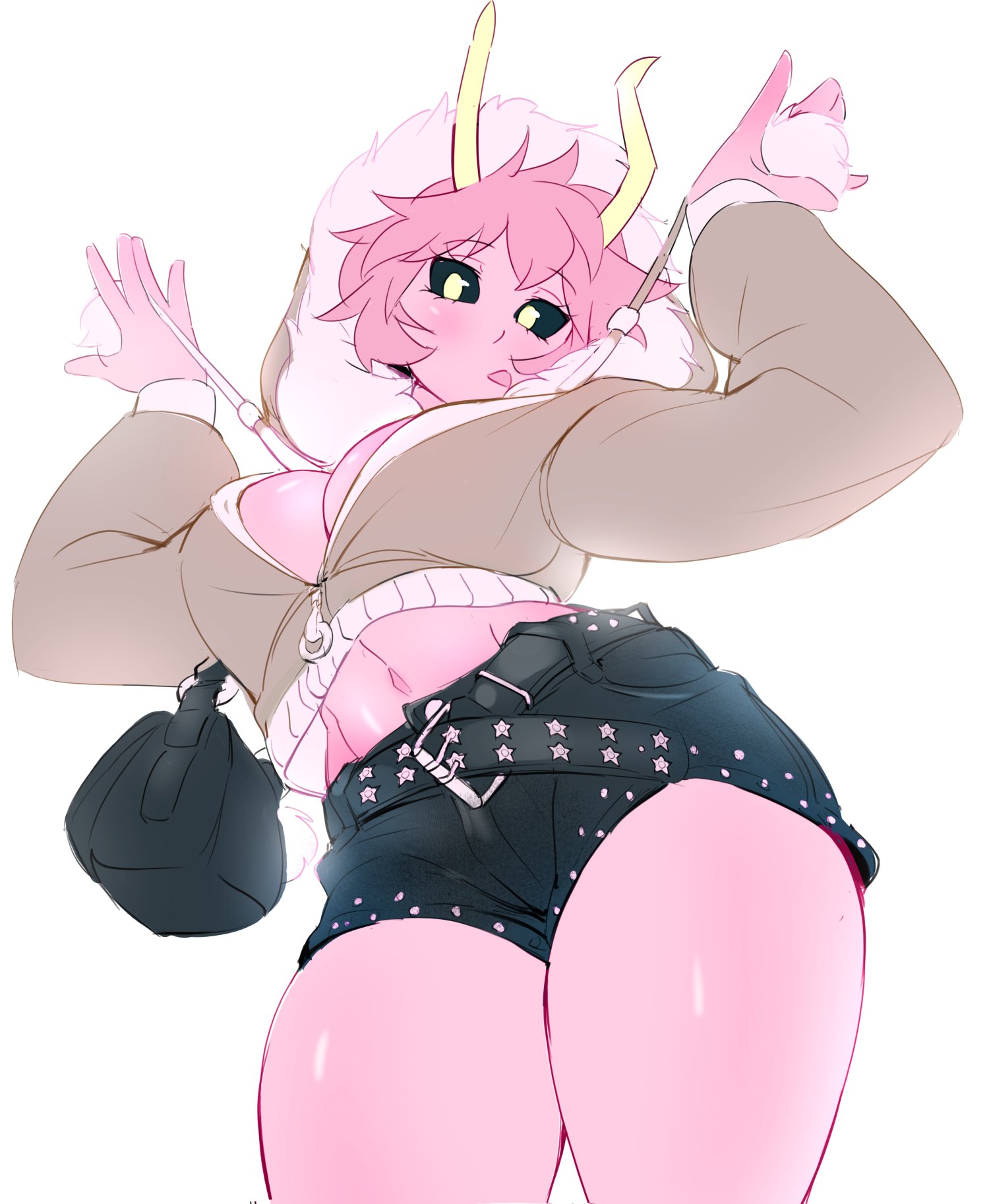 1girls, belly, belly button, black sclera, boku no hero academia, boku no hero academia (finale), breasts, cleavage, coat, female, fit, fit female, fluffy, hips, hips wider than shoulders, holic fz, hoodie only, inner sideboob, looking at viewer, midriff, mina ashido, mina ashido time-skip, my hero academia, my hero academia (finale), pink hair, post-timeskip, shorts, sideboob, sticking out tongue, thick legs, thick thighs, thighs, toned, toned female, tongue, unzipped, wide hips, yellow eyes, yellow horns