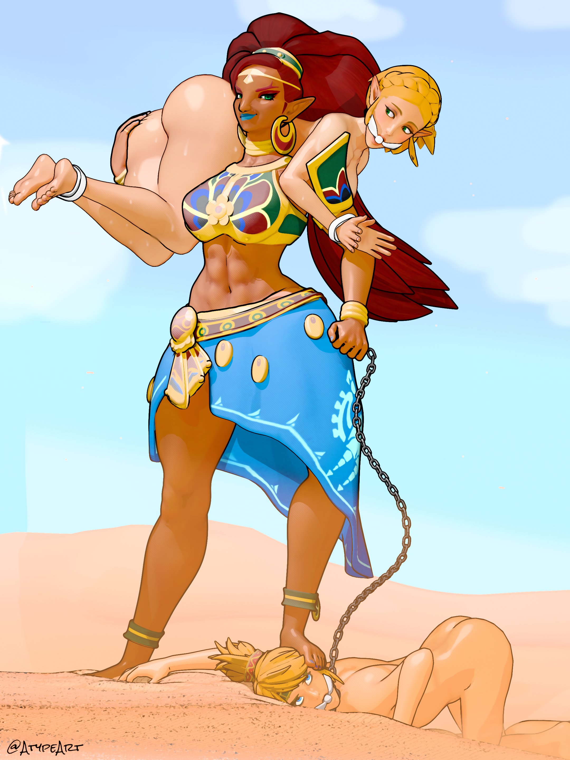 1boy, 2girls, 3d, abs, ass, ass grab, atypeart, barefoot, big ass, bisexual, blonde hair, both sexes in same situation, breath of the wild, captured, chain leash, chains, clothed female, clothed female nude male, collar, dark skin, dark-skinned female, female, femboy, femdom, femsub, foot fetish, gag, gagged, gerudo, larger female, leash, lezdom, light skin, light-skinned female, link, male, malesub, muscular, muscular female, nintendo, nude female, nude male, princess zelda, red hair, size difference, slave, slave raid, smaller female, smaller male, stepped on, straight, submissive female, submissive male, the legend of zelda, twink, urbosa, yuri