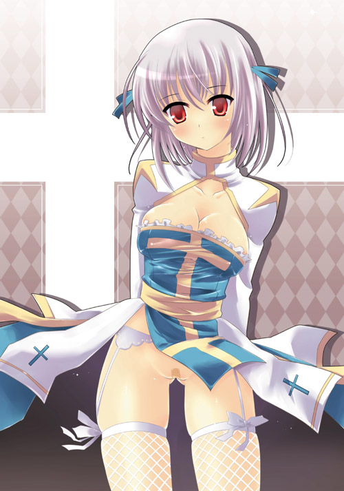 archbishop asai_ichiko asaiichiko bandaid bandaid_on_pussy breasts censored cleavage fishnets garter_belt garters maebari no_panties partially_visible_vulva priest ragnarok_online red_eyes thighhighs white_hair wind_lift