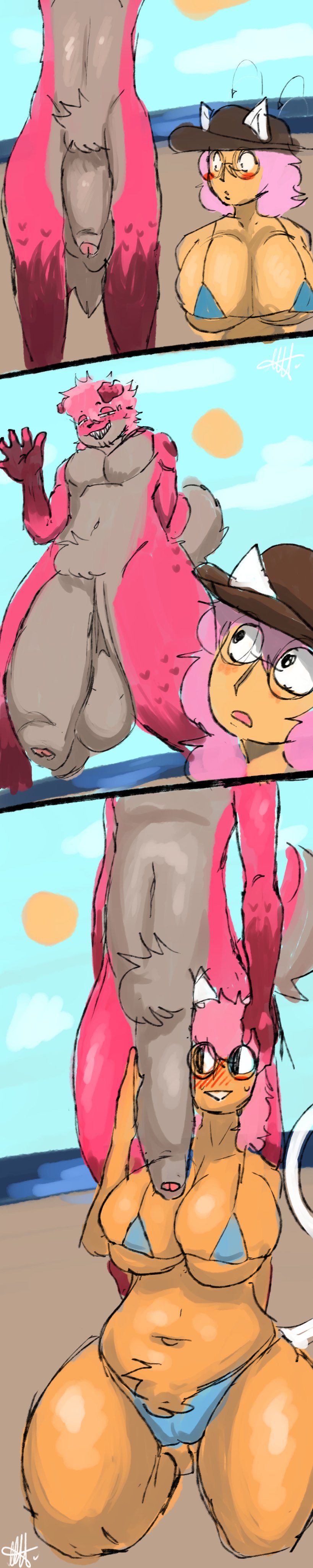1boy, 1girls, art trade, balls, beach, big penis, bikini, blush, breasts, colored sketch, comic, female, flaccid, imminent sex, jhavu (oc), male, milo m.h, milo the puppy, on knees, penis, penis awe, roblox, roblox avatar, robloxian, sketch, standing, stomach, tagme, thighs