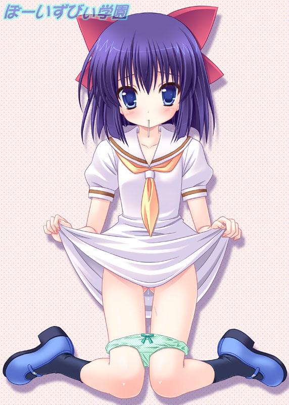 dress dress_lift mary_janes mouth_hold ohizumi_daisaku original panties panty_pull purple_hair pussy_juice sailor_dress shoes straight_hair underwear