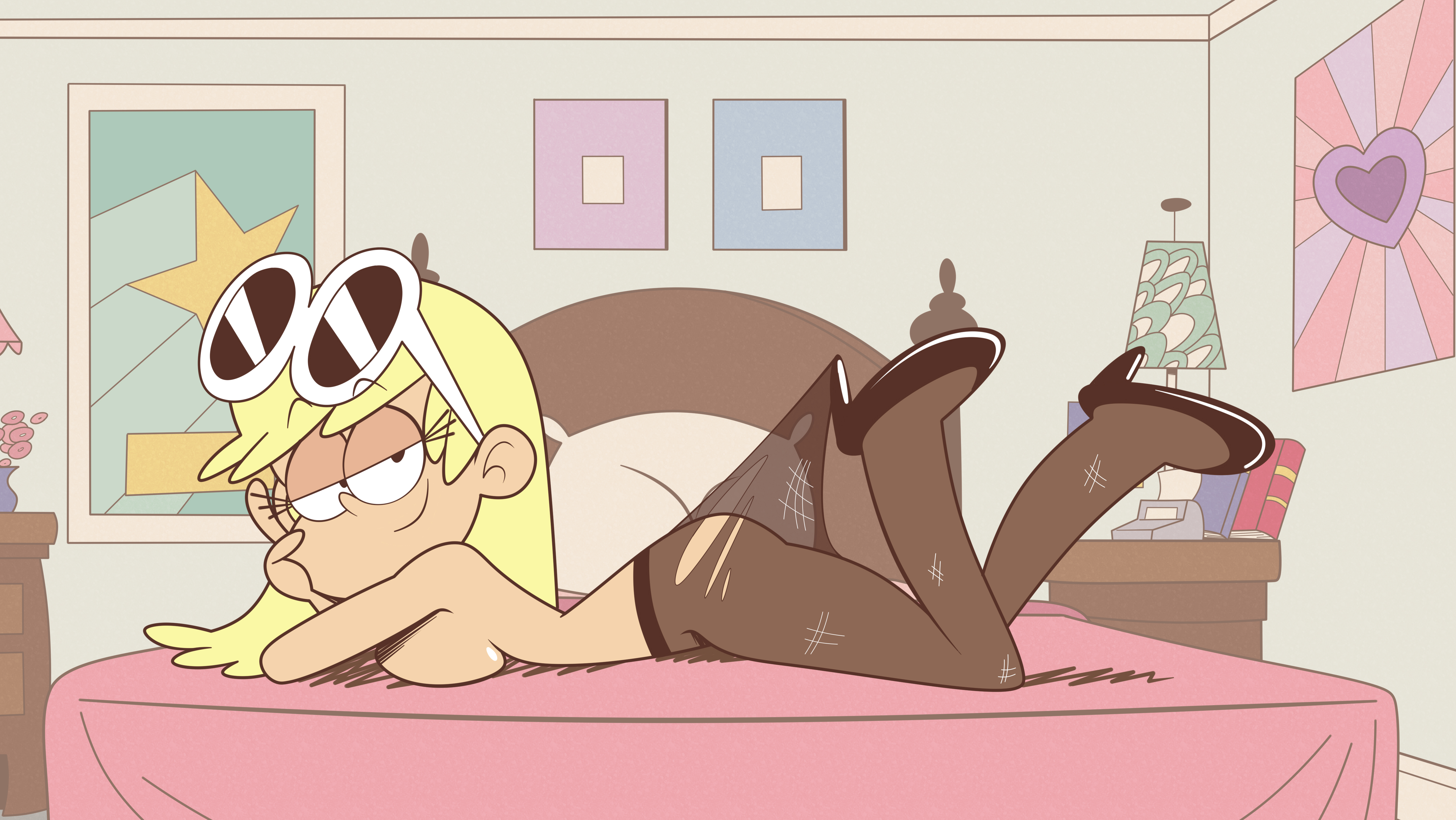 1girls, 2d, bed, bedroom, blonde hair, breasts, color, eyewear on head, female, female only, full color, gyaradosageiii, heels, hi res, high heels, highres, lace pantyhose hooked on heel (meme), leni loud, looking at viewer, nickelodeon, pillow, pumps, shoes, solo, stockings, sunglasses, teenage girl, the loud house