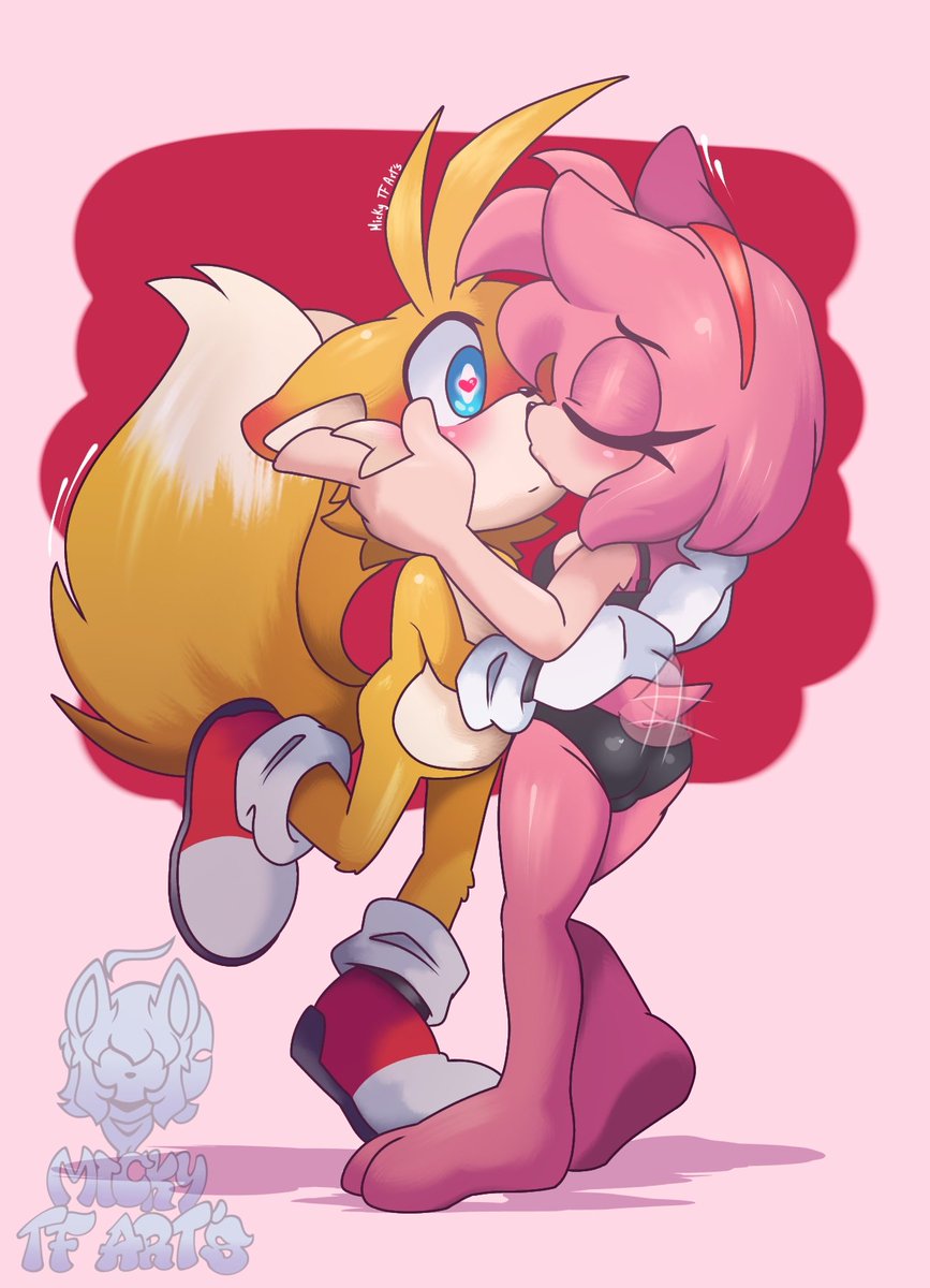 2 tails, amy rose, anthro, anthro on anthro, heart-shaped pupils, kissing, mickytubby44075, miles tails prower, sega, sonic (series), sonic the hedgehog (series), tagme, tails the fox