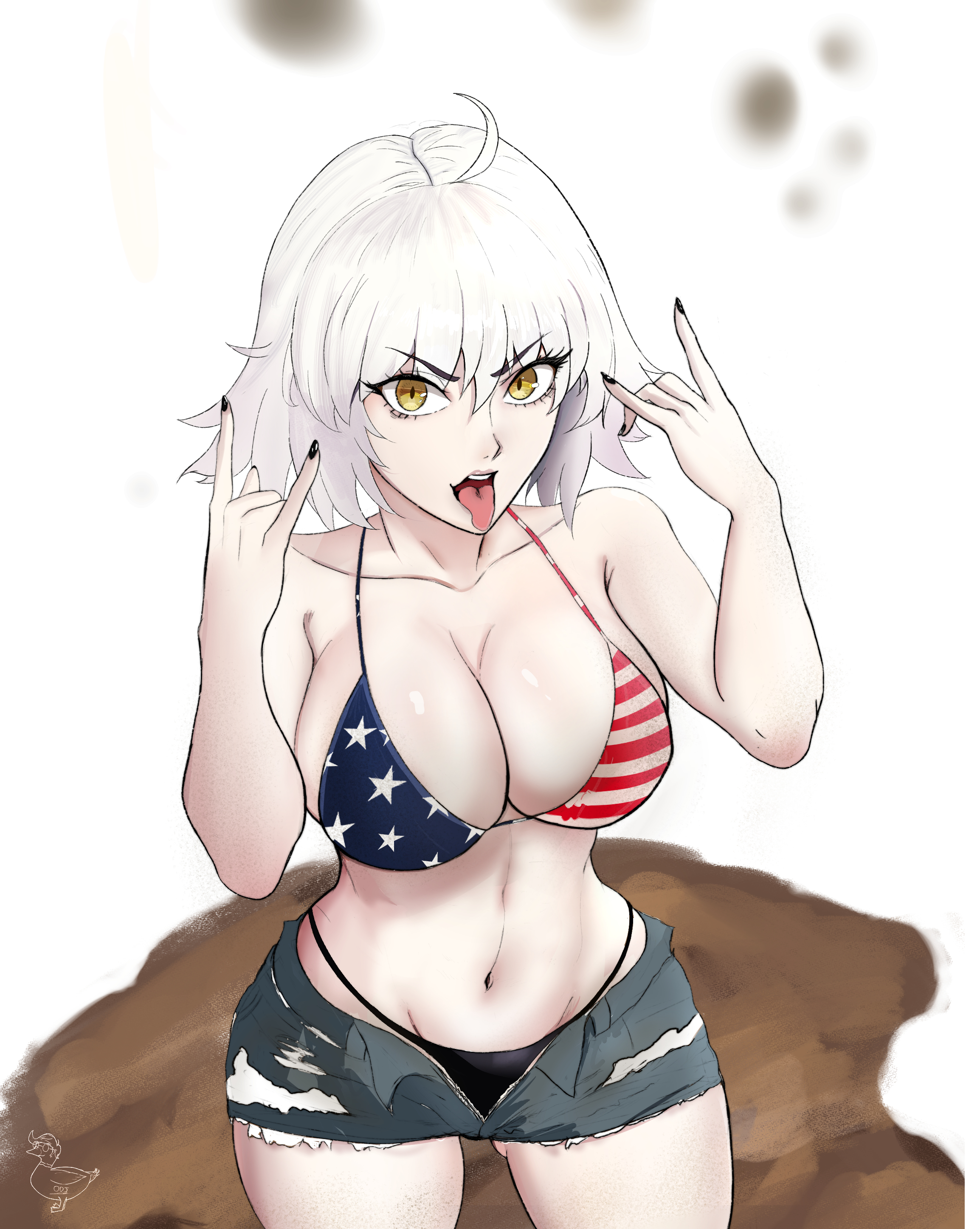 1girls, american flag bikini, big breasts, bikini top, breasts, cleavage, cosplay, fate (series), fate/grand order, female, female only, grand theft auto, grand theft auto vi, huge breasts, jeanne alter, large breasts, mud girl (gta vi) (cosplay), oldmanjenkins84, white hair, yellow eyes