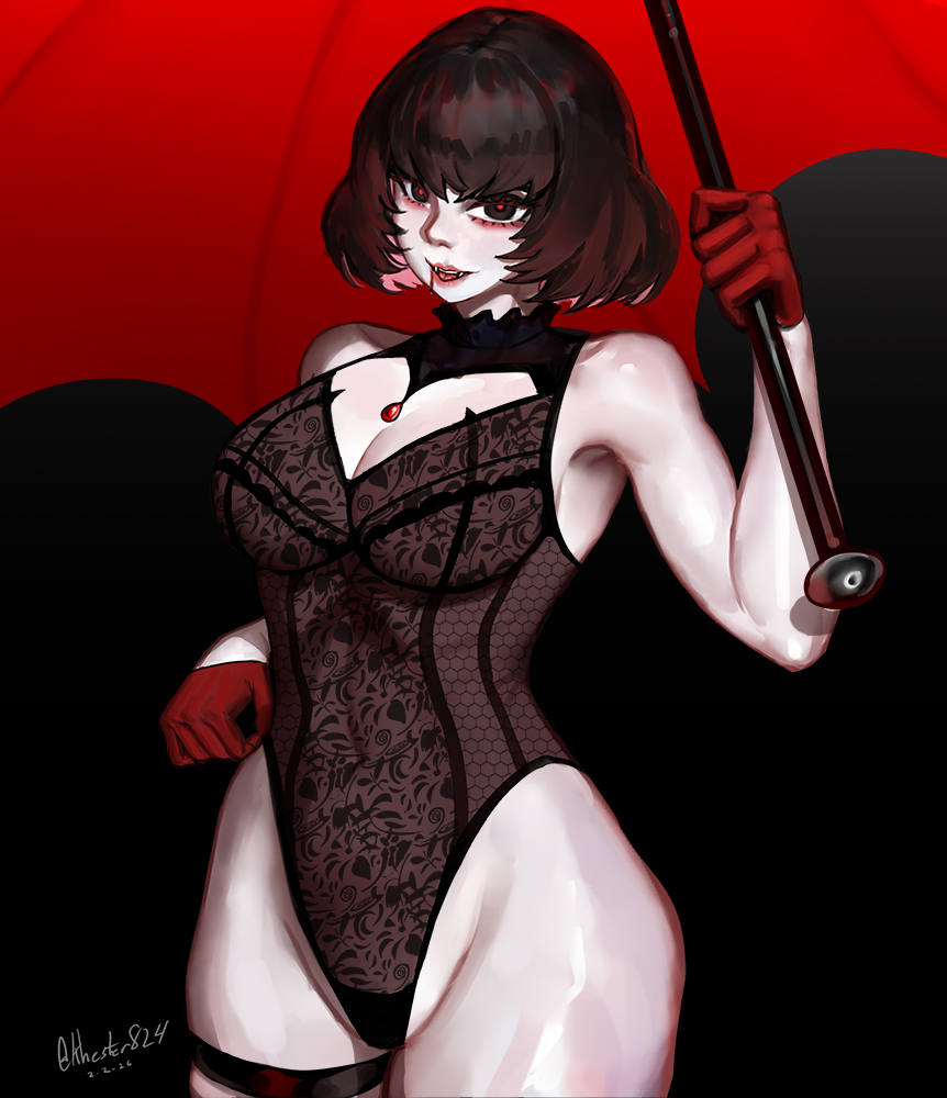 1girls, bob cut, breasts, cleavage, deadlock, khester824, lingerie, mina (deadlock), mina ha, thighs, vampire, vampire girl, vampire teeth, wide hips
