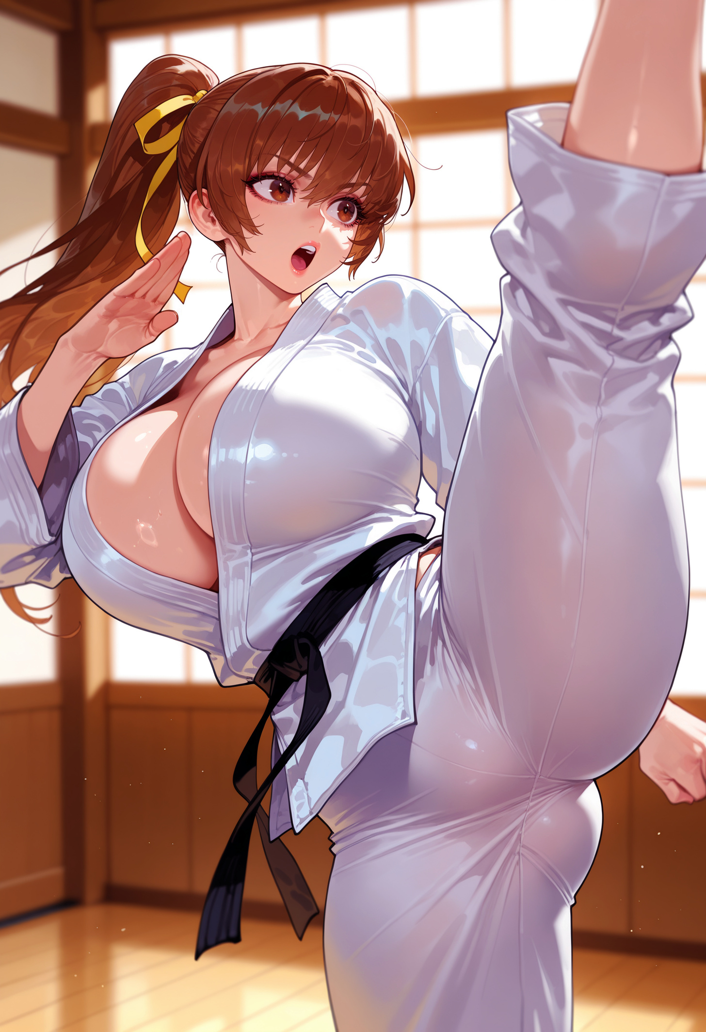 1girls, ai generated, balecxi, bangs, belt, black belt, blurry background, blush, breasts, brown eyes, brown hair, cleavage, clothing, collarbone, curvaceous, curvaceous female, curvaceous figure, curvy, curvy figure, dead or alive, dougi, female, female focus, female only, fighting stance, flexible, hair ribbon, high kick, huge breasts, indoors, karate gi, kasumi (doa), kicking, large breasts, leg up, long hair, long sleeves, martial arts belt, open mouth, pants, ponytail, ribbon, solo, split, standing, standing on one leg, standing split, teeth, thighs, upper teeth only, voluptuous, voluptuous female, white pants, wooden floor, yellow ribbon