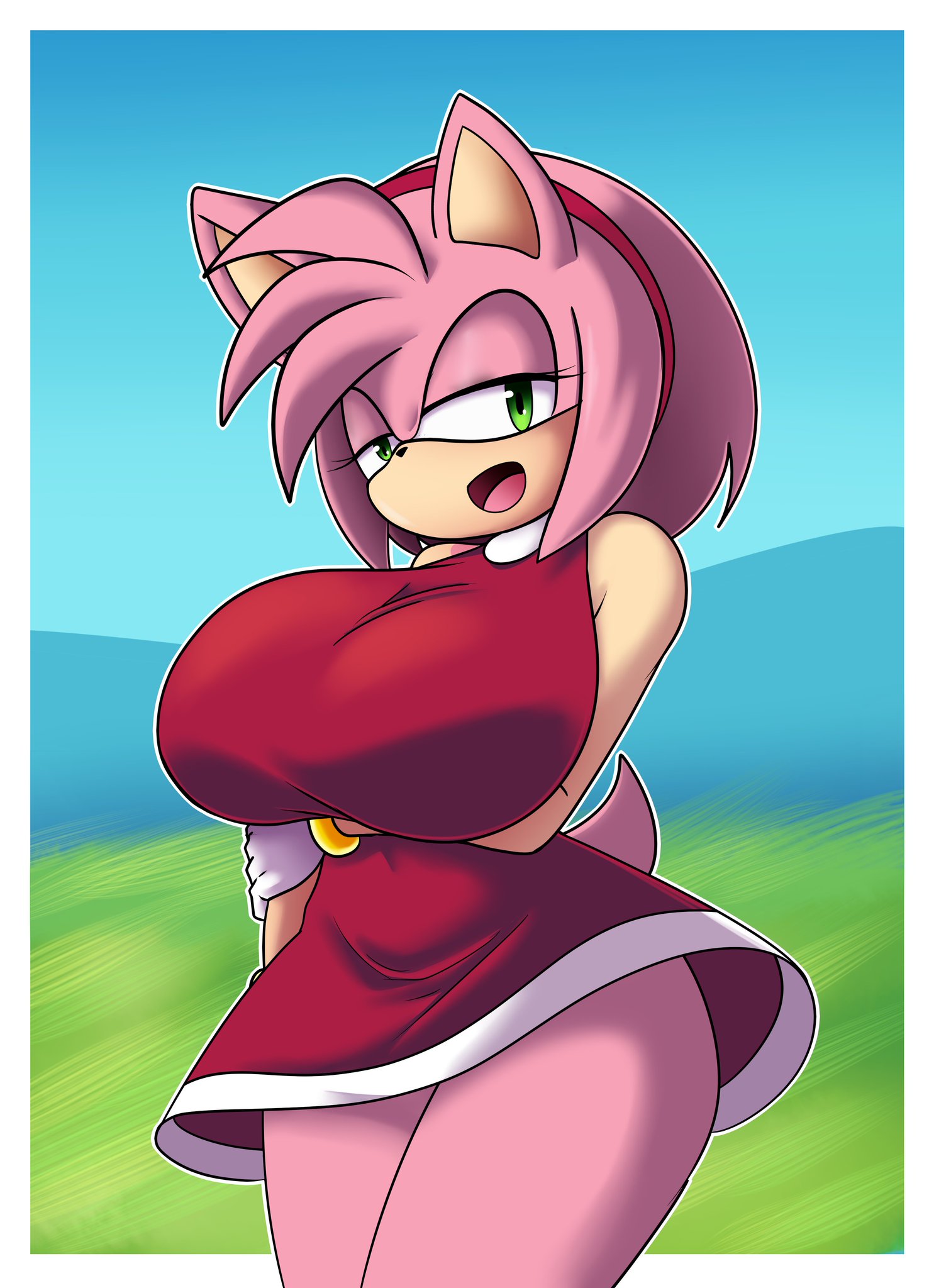 2d, 2d (artwork), 2d artwork, amy rose, big ass, big boobies, big breasts, big butt, big hips, big thighs, big titties, bracelet, bracelets, breasts bigger than head, busty, busty female, busty girl, clothed, curvaceous, curvaceous female, curvaceous figure, curvy, curvy body, curvy female, curvy figure, curvy hips, davidsillo123, diadem, diadema, eyelashes, gloves, green eyes, half-closed eyes, hedgehog, hedgehog ears, hedgehog girl, hedgehog humanoid, hourglass figure, hourglass figured female, huge boobs, huge breasts, open smile, pink fur, pink hair, red dress, sega, sonic (series), sonic the hedgehog (series), thick ass, thick butt, thick hips, thick legs, thick thighs, thin waist, voluptuous, voluptuous anthro, voluptuous body, voluptuous female