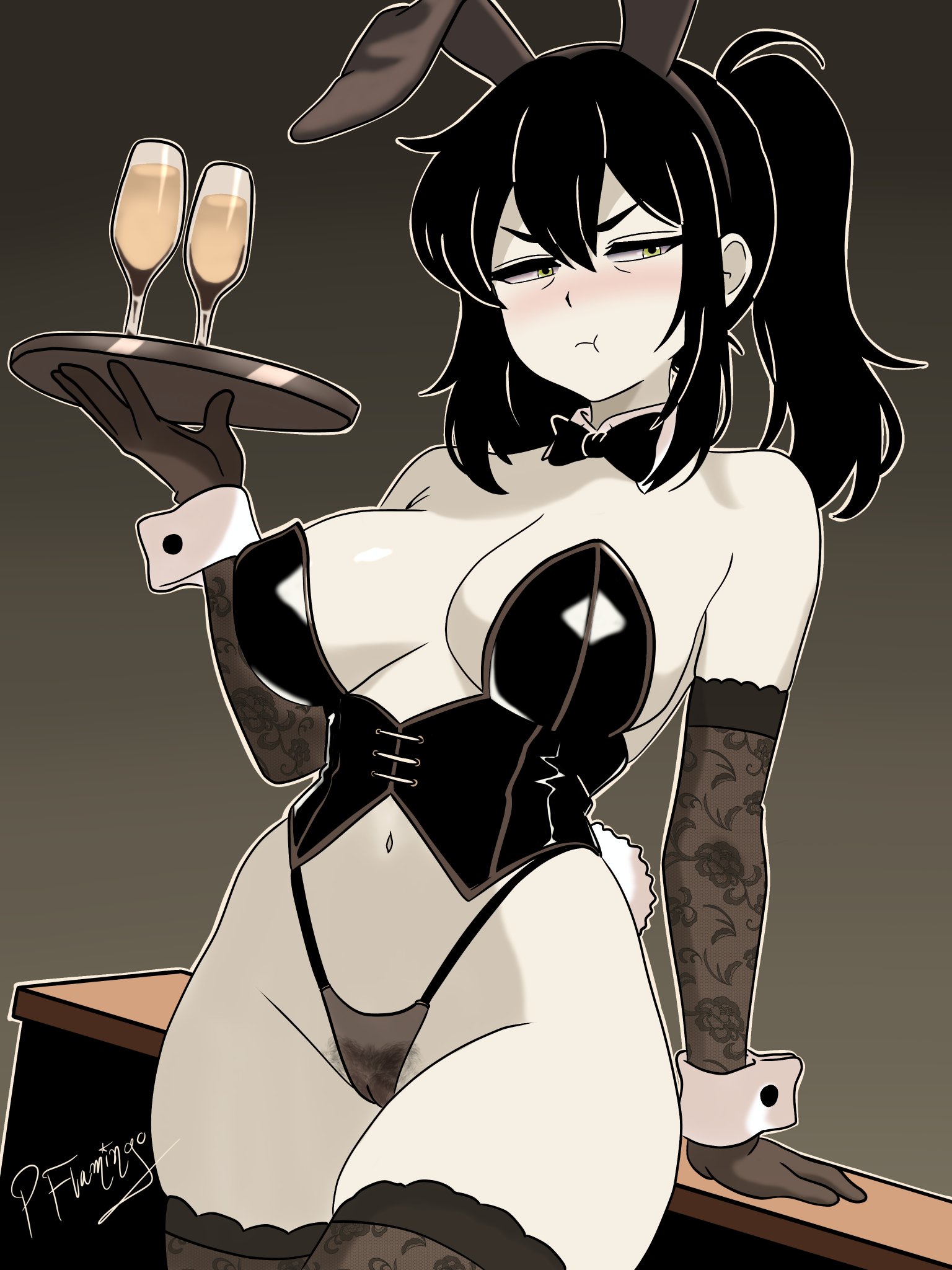 1girls, 2026, artist name, black hair, blush, breasts, bunny ears, bunny girl, bunny tail, bunnysuit, champagne glass, cleavage, female, female only, gloves, hair between eyes, highres, large breasts, light skin, light-skinned female, long gloves, milf, navel, pinkflamingoart, ponytail, pout, pubic hair, pussy, renee graves, solo, stockings, the coffin of andy and leyley, thick thighs, thong, tray, watermark, wide hips, wrist cuffs, yellow eyes