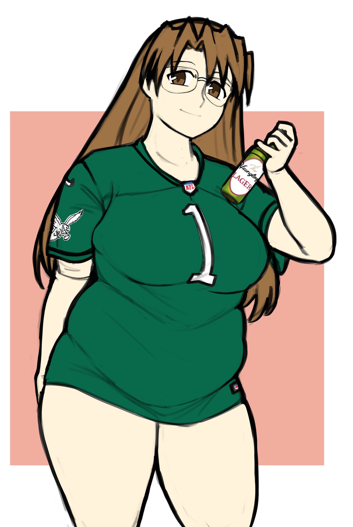 1girl, 1girls, 2d, 2d (artwork), alcohol, american football, arms behind back, arms up, azumanga daiou, bangs, beer, beer bottle, bottle, breasts, brown eyes, brown hair, chubby, chubby female, color, colored, digital drawing (artwork), digital media (artwork), female, female only, glasses, hair, hands up, highres, holding, holding bottle, holding object, jersey, koyomi mizuhara, large breasts, long hair, looking at viewer, massgrave art, nfl, no pants, philadelphia eagles, plump, simple background, smile, smile at viewer, smiling, smiling at viewer, sportswear, thick thighs, thighs