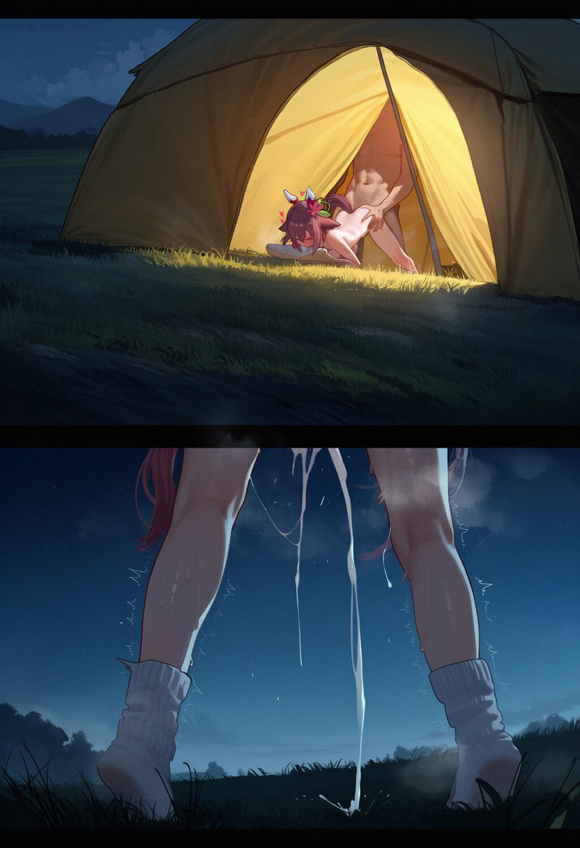 1boy, ai generated, cum, cum leaking out of pussy, female, outdoor sex, sakura chiyono o (umamusume), sex, sex from behind, socks, sweat, sweating, umamusume, umamusume pretty derby