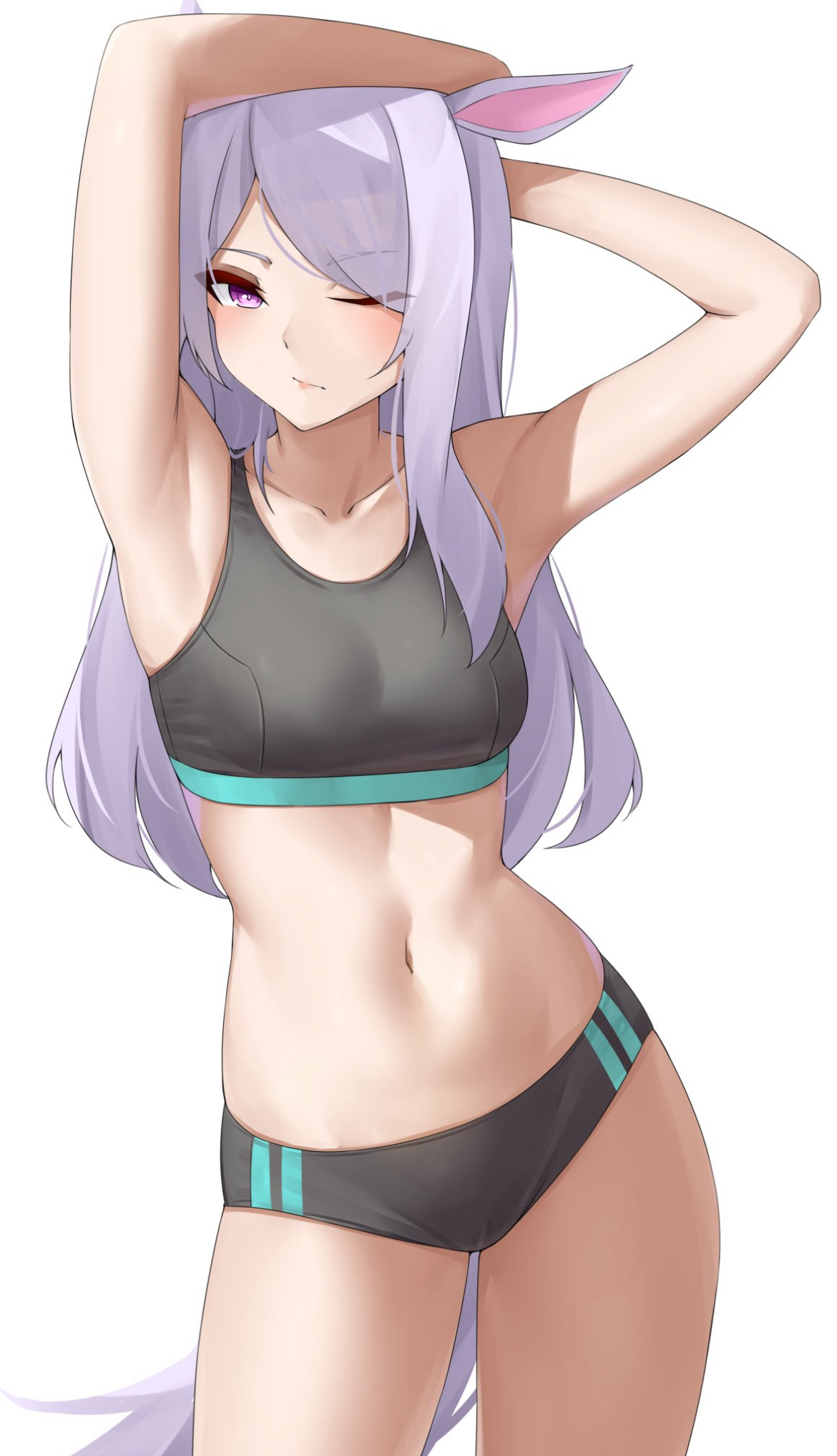 armpits, arms up, belly, child bearing hips, female, female focus, female only, female torso, flat chest, flat chested, gym, gym clothing, horse, horse ears, horse girl, horse tail, mejiro mcqueen (umamusume), midriff, one eye closed, petite, petite body, purple eyes, skinny, skinny female, slender body, slender waist, small breasts, solo, solo female, solo focus, sports bra, sports panties, stretching, stretching arms, tiny breasts, tummy, umamusume, umamusume pretty derby