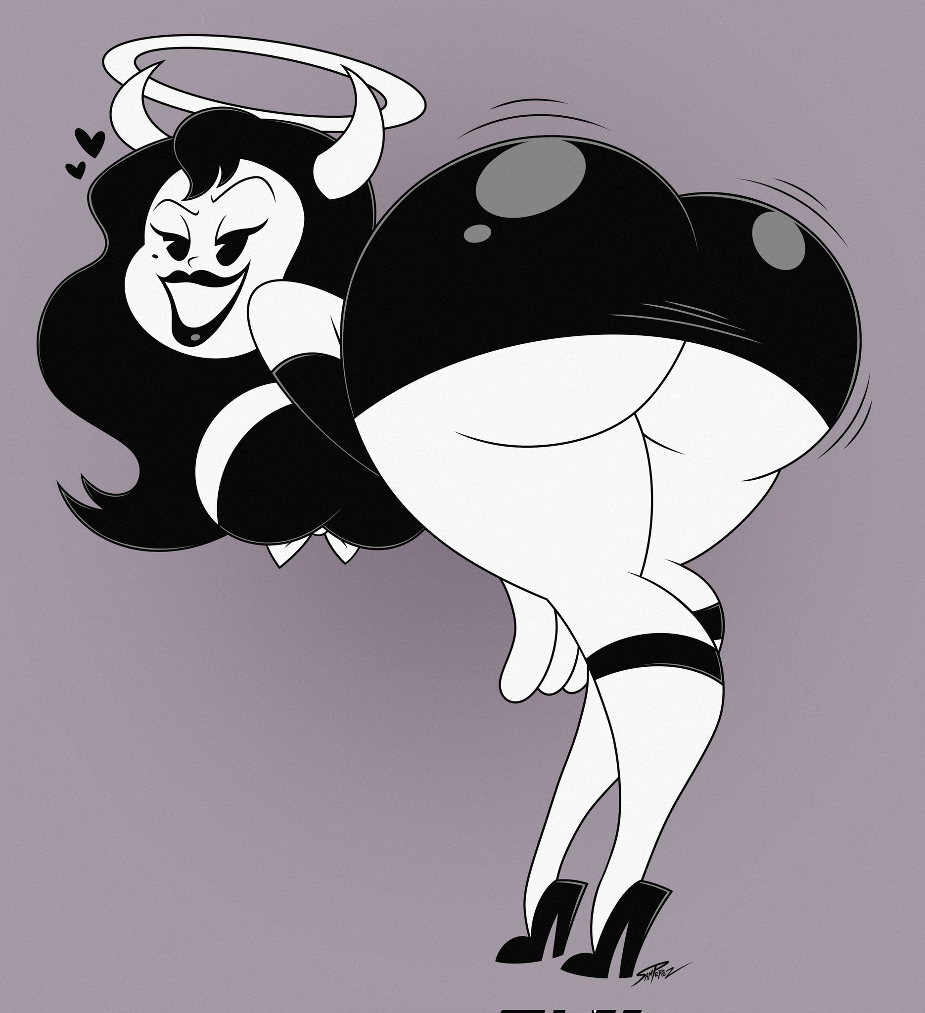 1girls, 2026, alice angel, alternate version available, angel, angel girl, artist name, artist signature, ass, ass focus, bendy and the ink machine, big ass, big breasts, bimbo, bimbo body, bimbo lips, black hair, black hair female, black lips, black lipstick, black-haired female, breasts, clothed, clothed female, clothing, dress, english, english text, fallen angel, female, female focus, female only, fully clothed, fully clothed female, halo, heart, heart symbol, hearts around head, heels, horns, huge ass, joey drew studios, light skin, light-skinned female, lips, lipstick, mole, mole under eye, monochrome, pac-man eyes, rear view, samperez, solo, solo female, solo focus, stockings, text, thick thighs, thighs