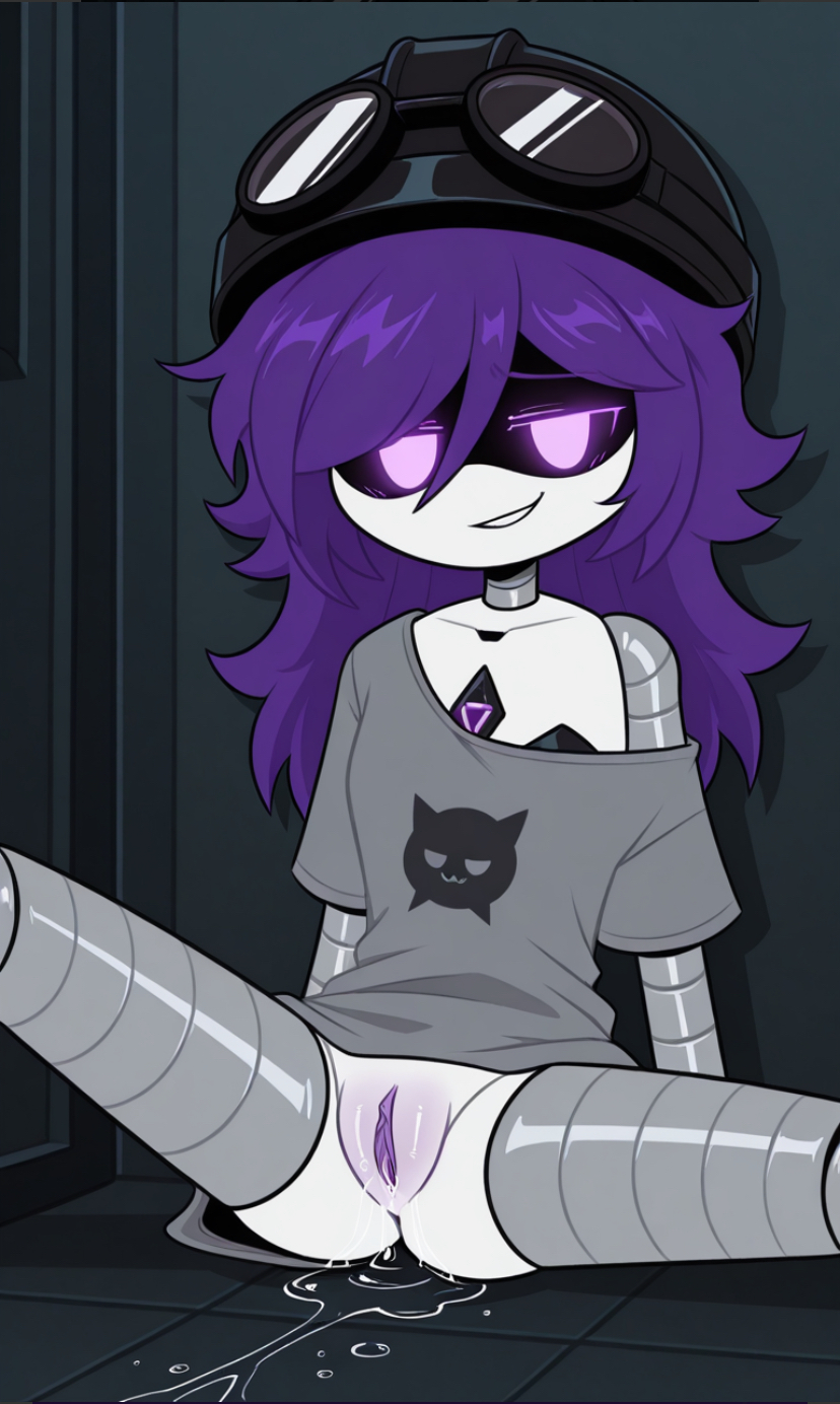 ai generated, bottomless, exposed pussy, female only, horny, looking at viewer, murder drones, nori (murder drones), purple eyes, purple hair, pussy, pussy juice, robot, robot girl, smirk, spread legs