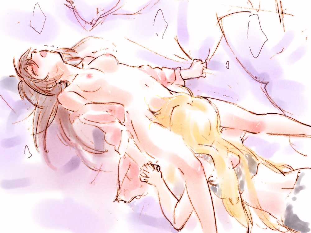 arched_back bed bed_sheet blonde_hair blush breasts brown_hair closed_eyes clothed_on_nude cunnilingus fate_testarossa female hand_holding holding_hands long_hair lyrical_nanoha mahou_shoujo_lyrical_nanoha mahou_shoujo_lyrical_nanoha_strikers moan_suppressed_by_orgasm multiple_girls nipples open_mouth oral orgasm screaming sex sheet_grab sheets sketch straight_hair takamachi_nanoha tokoharu trembling very_long_hair yuri