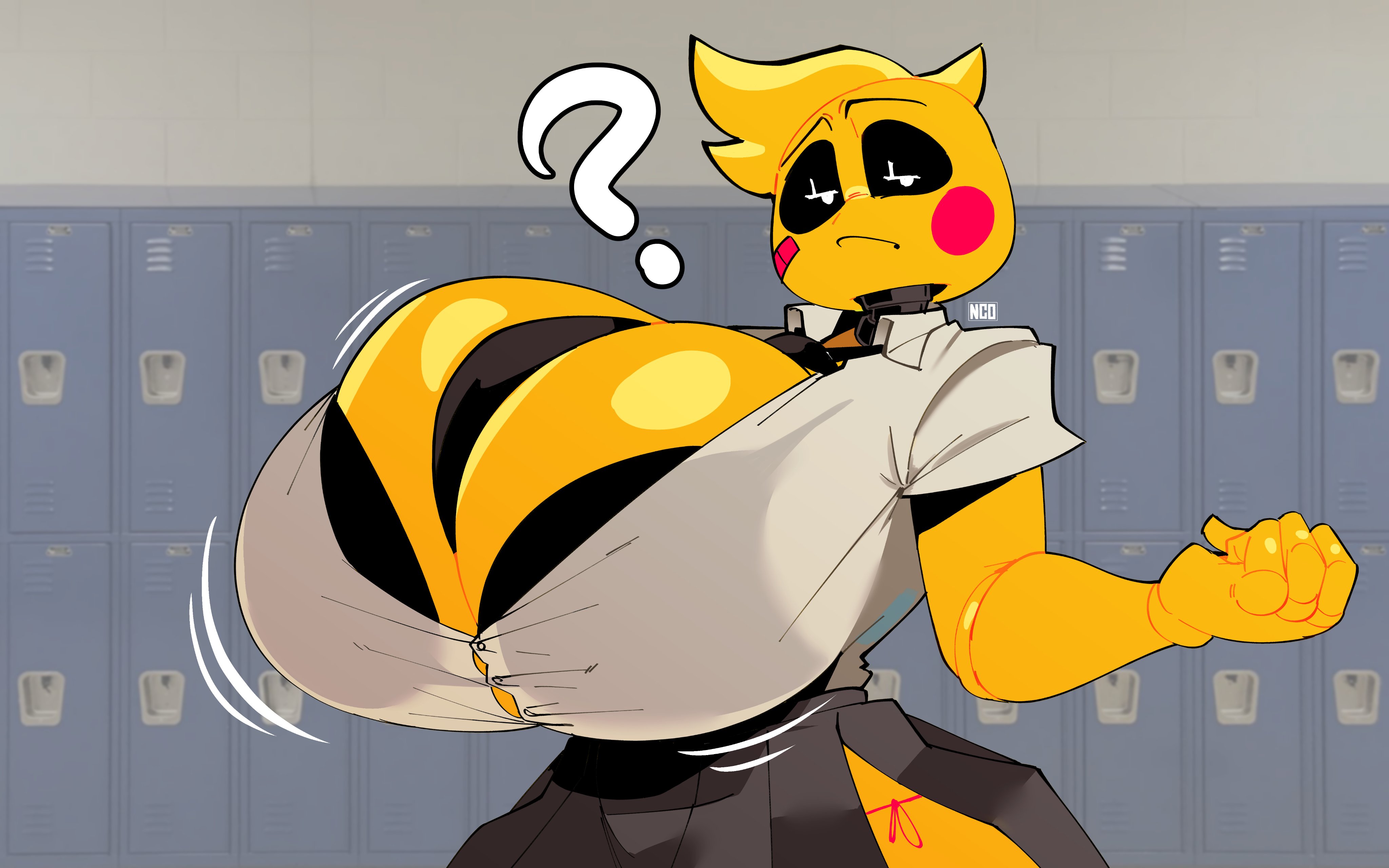 16:10, absurd res, animatronic, anthro, avian, beakless, behemaid, big breasts, bird, black sclera, bottomwear, bra, breasts, button (fastener), chicken, cleavage, clothed, clothing, collared shirt, dress shirt, female, five nights at freddy's, five nights at freddy's 2, frown, galliform, half-closed eyes, hi res, huge breasts, looking at viewer, machine, narrowed eyes, non-mammal breasts, phasianid, question mark, robot, scottgames, shirt, skirt, solo, straining buttons, topwear, toy chica (fnaf), underwear, white eyes, widescreen, yeehawt0wn, yellow body