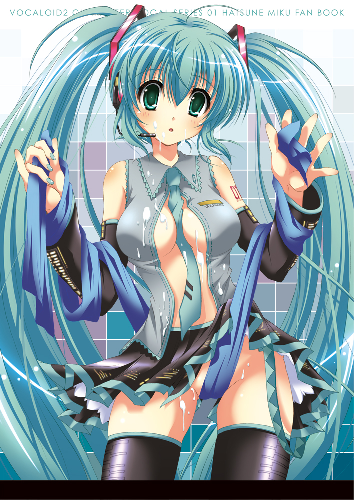 1girls aqua_eyes aqua_hair between_breasts blush breasts cleavage cum detached_sleeves female hatsune_miku headphones headset long_hair necktie necktie_between_breasts no_bra no_panties open_clothes open_shirt scarf shirt solo suzui_narumi thighhighs tied_hair twintails very_long_hair vocaloid zettai_ryouiki