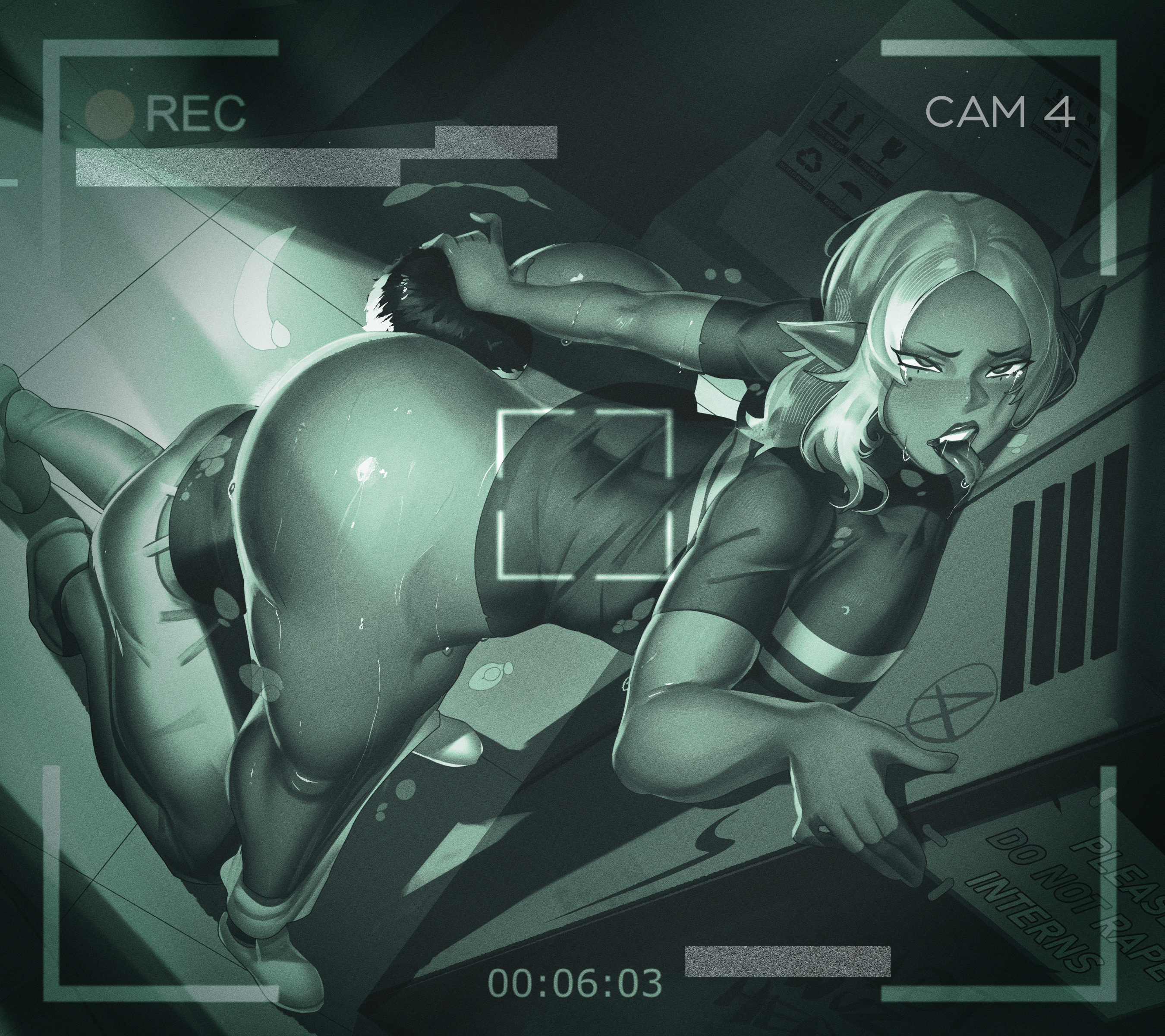 1boy, 1girl1boy, ass, ass bigger than head, bare ass, beauty mark, beauty mark under eye, breasts against wall, camera footage, camera view, caught on camera, clothed, commission, commission art, commissioner upload, dark elf, elf, elf ears, elf female, elf-san wa yaserarenai, face in ass, female, femdom, grabbing another's hair, grabbing another's head, grabbing head, huge ass, huge breasts, kneeling, kuroeda, locker, long hair, mole, mole under eye, night vision, pants, pants down, partially clothed, spread legs, spreading, storage room, sweat, sweatdrop, sweating, sweating female, tagme, thick thighs, tongue, tongue out, vestavice, work clothes, work uniform
