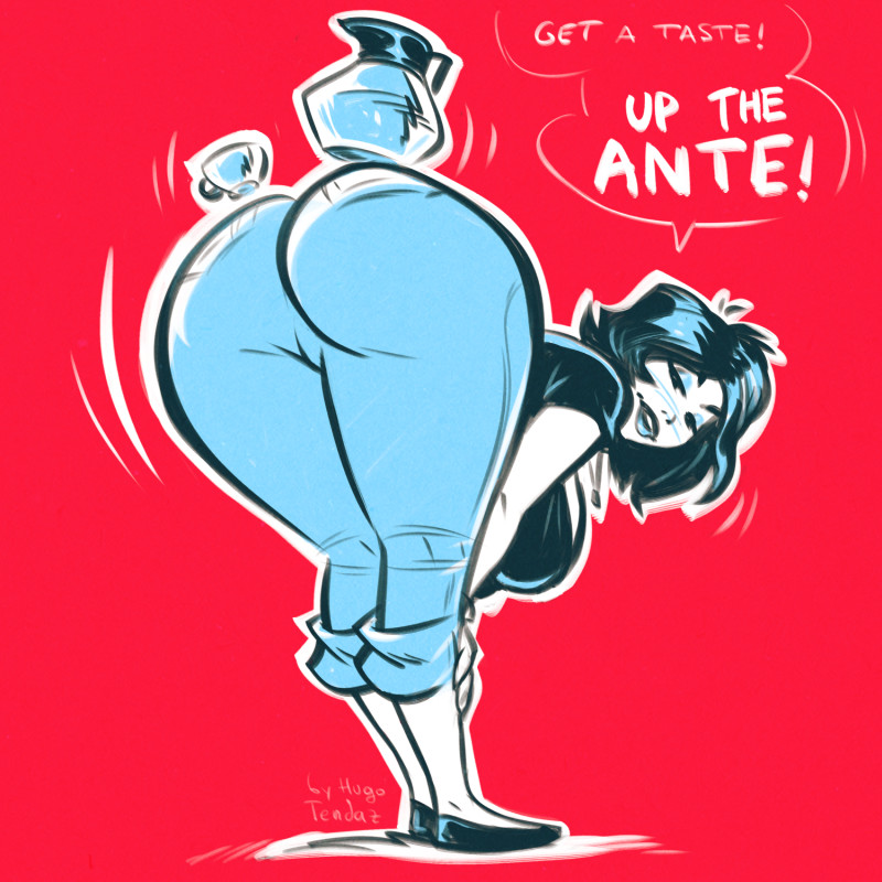 1girl, 1girls, artist name, ass, ass bigger than head, ass focus, aunt cass, bent forward, bent over, big ass, big breasts, big hero 6, bottom heavy, breasts, brown hair, cass hamada, coffee pot, denim, denim bottomwear, denim jeans, dialogue, disney, english, english text, female, female only, hands on legs, huge ass, hugotendaz, jeans, large ass, large breasts, looking at viewer, looking back, marvel, milf, mom jeans, monochrome, motion lines, necklace, pinup, presenting, presenting hindquarters, pun, simple background, solo, solo female, speech bubble, text, tight clothing
