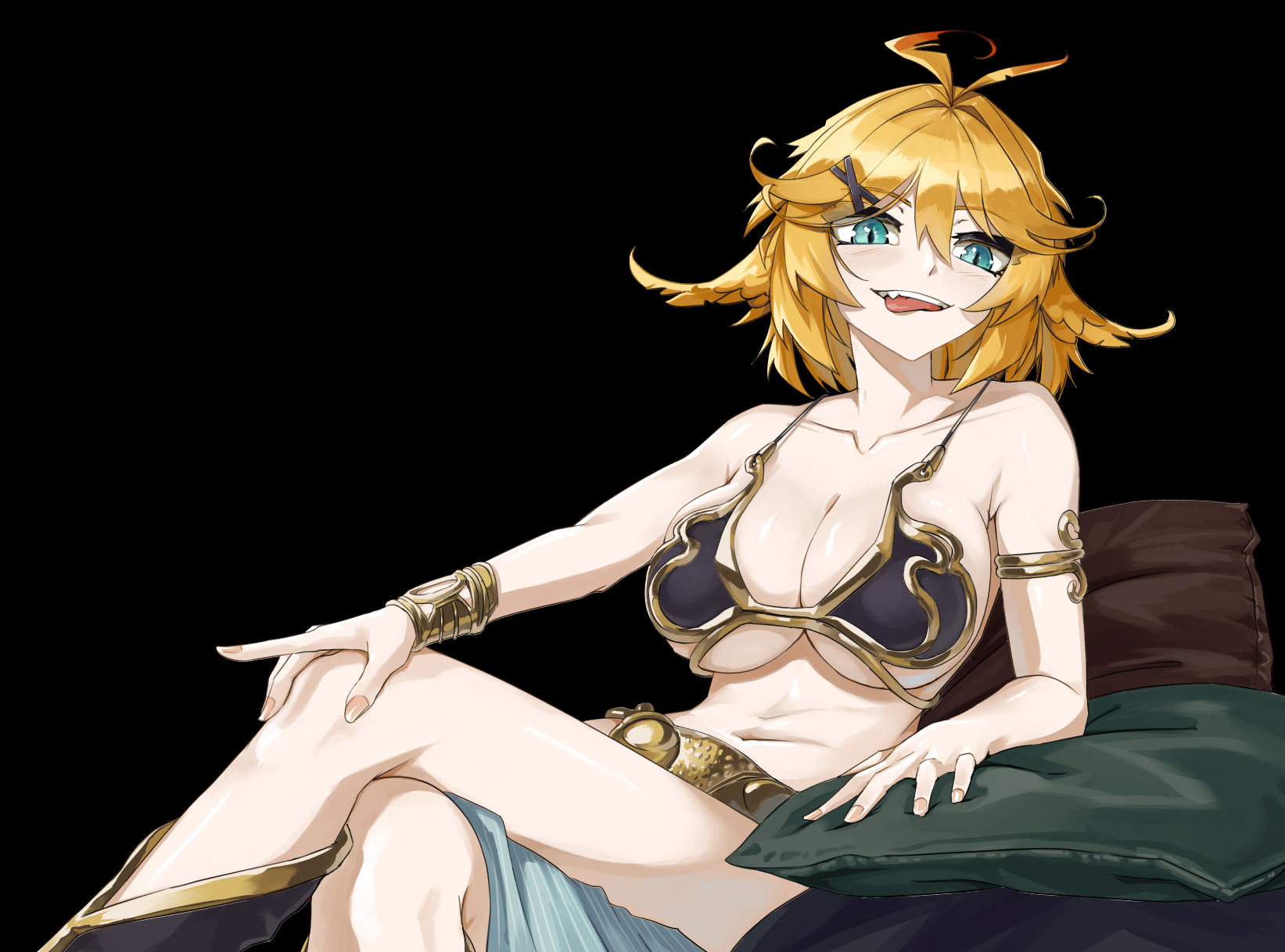 belly dancer, belly dancer outfit, bikini, blonde hair, cahryos, crossed legs, dokibird, harem girl, harem outfit, large breasts, slave, slave bikini, slave girl, slave leia (cosplay), slave outfit, star wars, tongue, tongue out, virtual youtuber