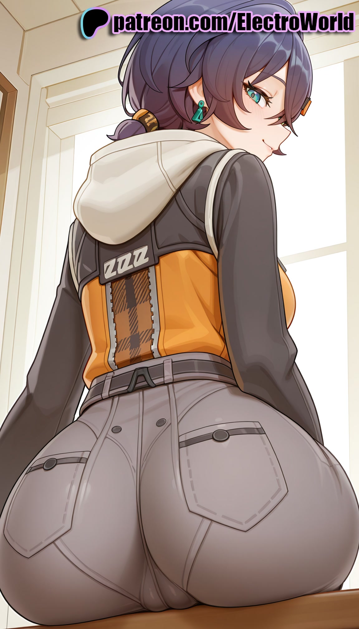 1girls, 2026, ai generated, artist name, ass, belle (zenless zone zero), breasts, bust, chest, earrings, electroworld, female, hi res, high quality, high resolution, highres, jewelry, looking at viewer, looking back, patreon, patreon username, sitting, solo, stable diffusion, watermark, zenless zone zero