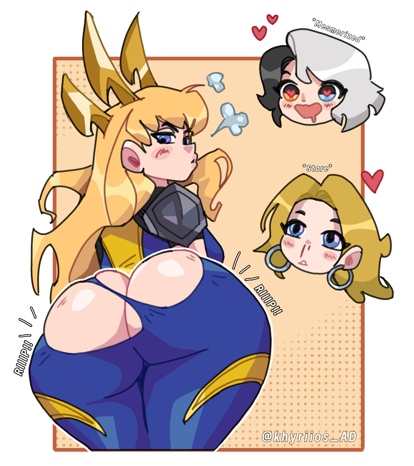 2026, 2d, 2d (artwork), 3girls, ass, ass focus, back view, big ass, big butt, blonde female, blonde hair, blonde-haired female, blush, blush lines, butt focus, drooling, earrings, english text, exposed ass, female, female focus, female only, heart, heart symbol, heart-shaped pupils, heterochromia, hoop earrings, invisible woman, invisible woman (marvel rivals), jewelry, khyriios ad, legs together, light skin, light skinned female, light-skinned female, long hair, looking at ass, looking at own butt, looking back, luna snow, luna snow (marvel rivals), magik (illyana rasputin), magik (marvel rivals), magik (retro x-uniform), marvel, marvel comics, marvel rivals, multiple girls, nosebleed, open mouth, rear view, ripped clothing, ripped pants, short hair, shoulder pads, simple background, snowsword, standing, sue storm, text, thighs, thighs together, two-tone hair, wardrobe malfunction, white border, yuri