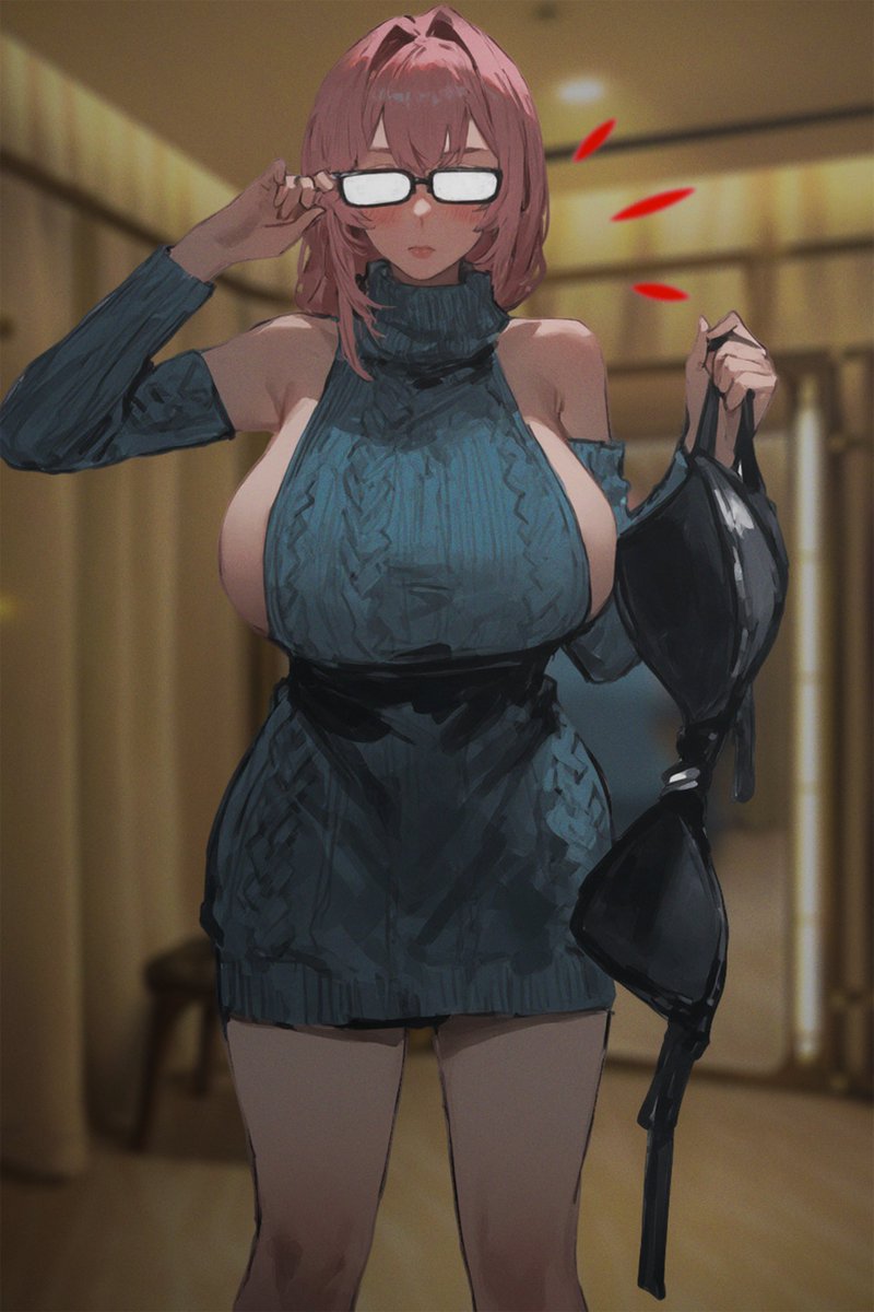 ai generated, big breasts, bra removed, glasses, glasses shine, pink hair, sideboob, stockings, sweater, tsukishiro yanagi, virgin killer sweater, wardrobe malfunction, wholesome, zenless zone zero