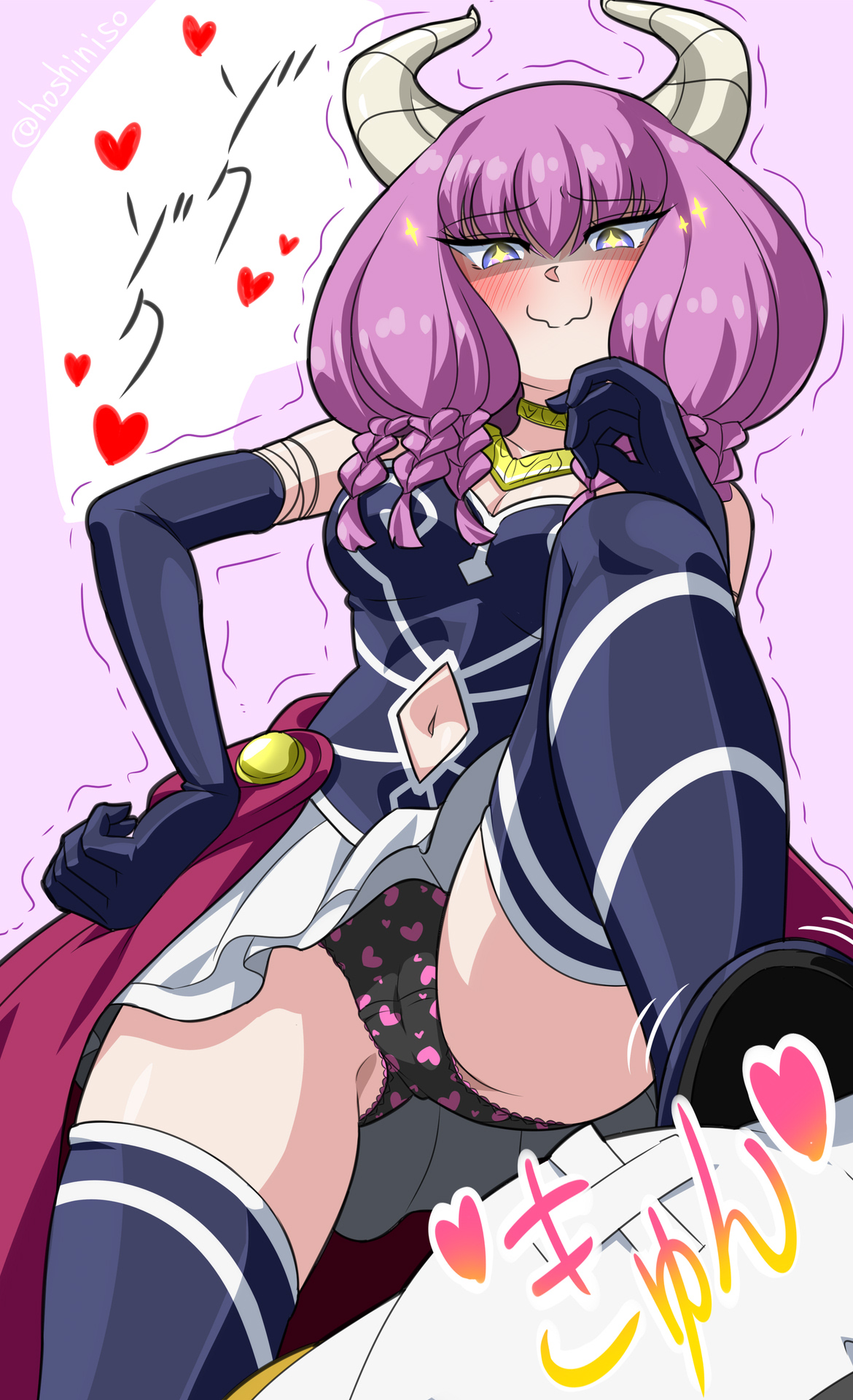 1girls, ass, aura (sousou no frieren), black panties, blush, cleavage, demon, demon girl, demon horns, frieren beyond journey's end, from below, heart, heart symbol, horns, hoshiniso, looking at viewer, looking down, medium breasts, panties, pattern clothing, purple eyes, purple hair, sousou no frieren, thighs