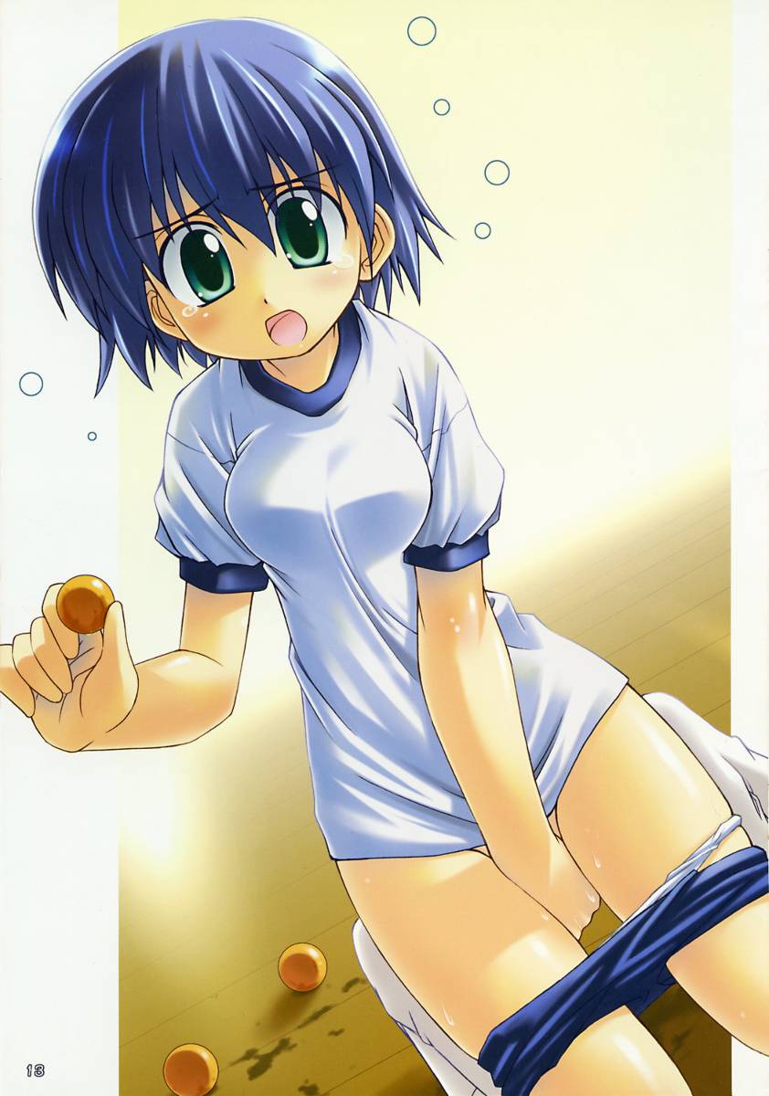 benwaballs blue_hair buruma buruma_pull clothed_masturbation clothing green_eyes gym_uniform highres masturbation panties panty_pull short_hair solo tears to_heart_(series) to_heart_2 tonami_yuma underwear white_panties