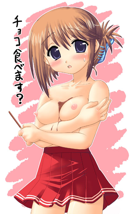 1girls blush breast_hold breasts clothing female hase_yu komaki_manaka medium_breasts pocky skirt solo to_heart_(series) to_heart_2 topless translation_request