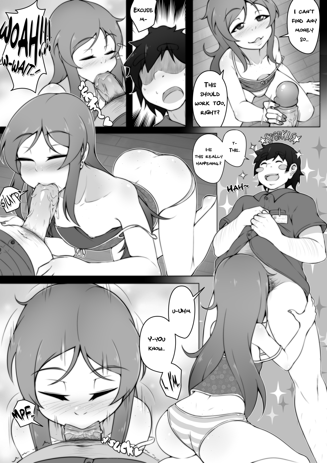 1boy, apartment, blush stickers, bottomless, camisole, closed eyes, comic, english, fellatio, female, ghettoyouth, highres, kneeling, long hair, male, minami hana (ghettoyouth), monochrome, nipples, no pants, oral, original, panties, penis, strap slip, striped, striped panties, surprised, uncensored, underwear
