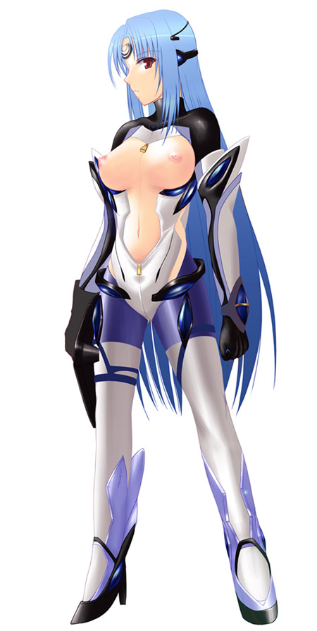 armor blue_hair kos-mos long_hair midriff namco navel red_eyes solo top-down_bottom-up topless umminchu xenosaga xenosaga_episode_ii xenosaga_episode_iii