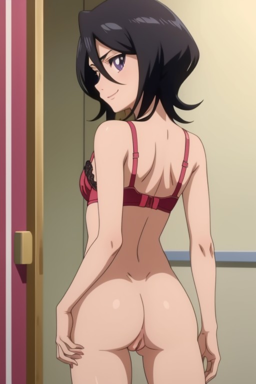 1girls, ai generated, ass, bedroom, bleach, bra, female, flat chest, from behind, kuchiki rukia, looking at viewer, looking back, no panties, pussy, pussy peek, small ass, undressing