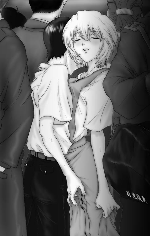 blush chikan closed_eyes clothing faceless_male female fingering groping meguro_fukuzou molestation monochrome neon_genesis_evangelion public rei_ayanami school_uniform shinji_ikari skirt train train_interior