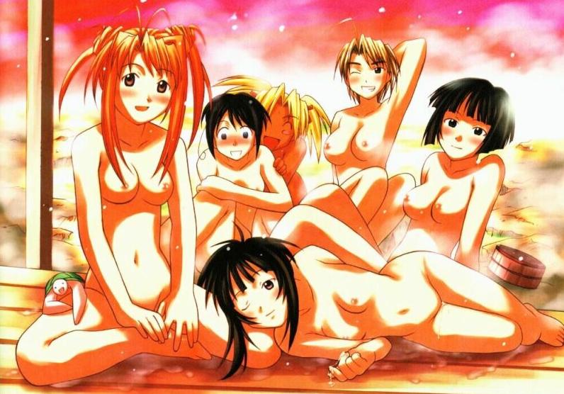 5girls aoyama_motoko bakuhatsu_bros. blush breasts female female_only kanako_urashima kaolla_su konno_mitsune love_hina maehara_shinobu mitsune_konno motoko_aoyama multiple_girls naru_narusegawa narusegawa_naru nipples nude shinobu_maehara tama urashima_kanako wink