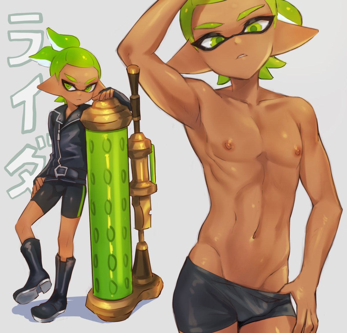 1boy, arm up, boots, color, femboy, green eyes, green hair, inkling, jacket, jtveemo, male, male nipples, male only, navel, nintendo, nipples, pants pull, rider (splatoon), solo, splatoon, splatoon (manga), splatoon (series), tentacle hair, tight clothing, weapon