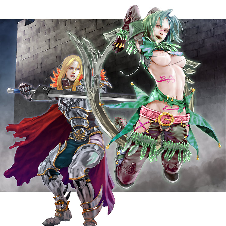 breasts jasmine_t jewelry midriff nipples ring short_hair siegfried siegfried_schtauffen soul_calibur tira torn_clothes weapon