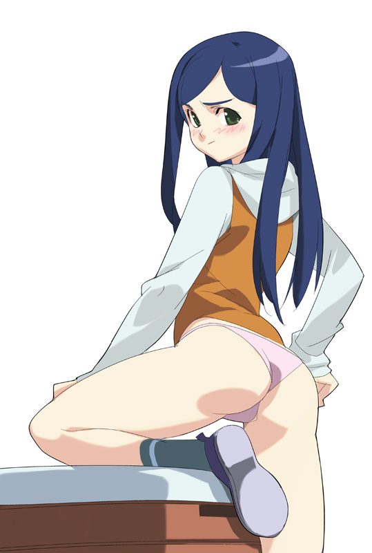 ass blue_hair blush bottomless clothing embarrassed footwear from_behind green_eyes gym_storeroom hoodie kizaki kuga_natsuki leg_lift long_hair looking_back mai-hime mai_hime my-hime natsuki_kuga no_pants panties pink_panties shoes socks solo underwear volvox