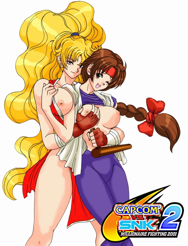 00s 2000s 2001 2girls art_of_fighting artist_request blonde_hair breast_grab breasts brown_eyes brown_hair capcom female female_only final_fight fingerless_gloves hair_ribbon king_of_fighters large_breasts long_hair maki_genryusai multiple_girls nipples ponytail smile snk white_background yellow_eyes yuri yuri_sakazaki