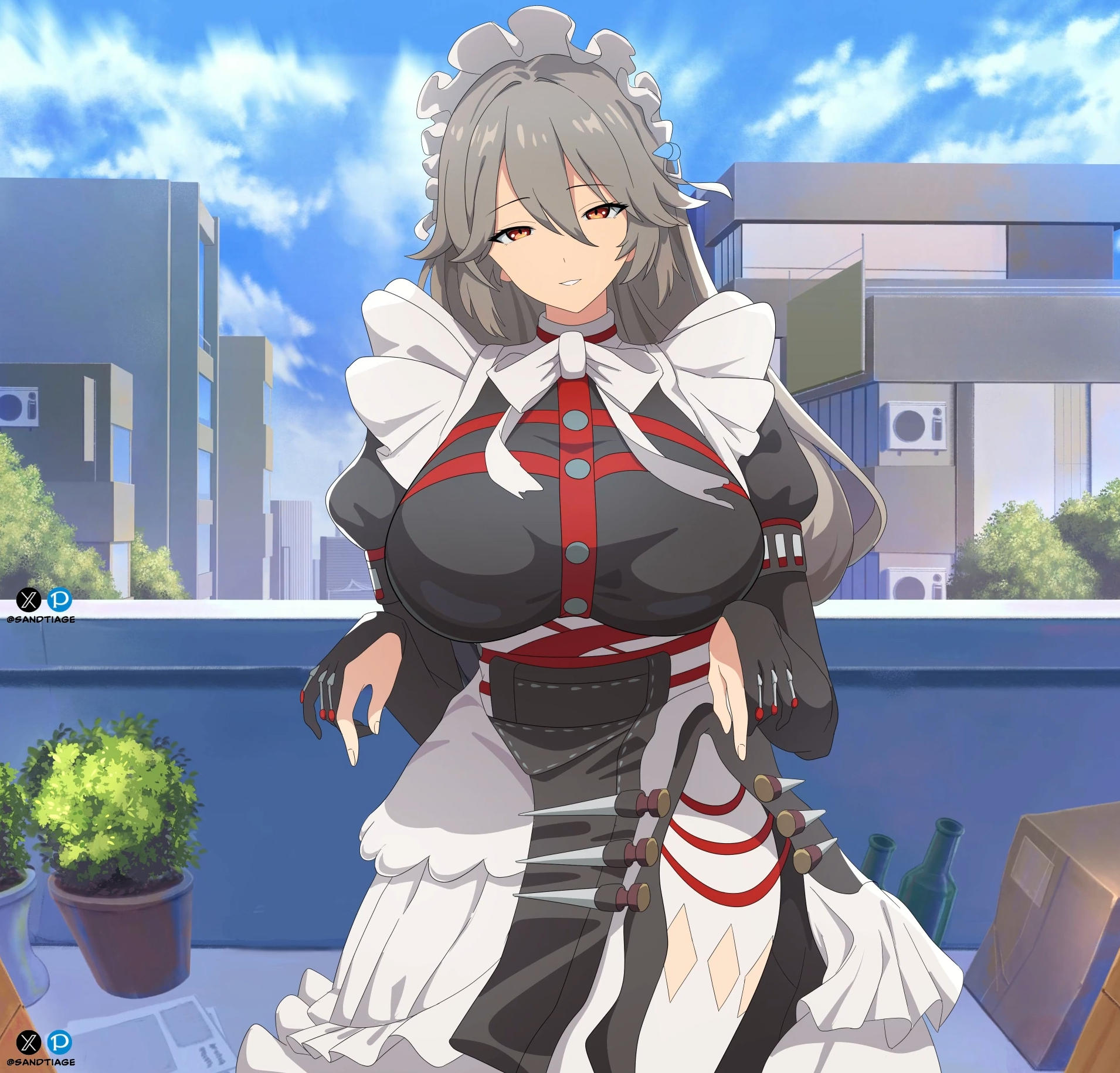 1girls, alexandrina sebastiane, big breasts, breasts, brown eyes, gray hair, large breasts, looking at viewer, maid, maid uniform, sandtiage, screencap, stitched, thighs, zenless zone zero