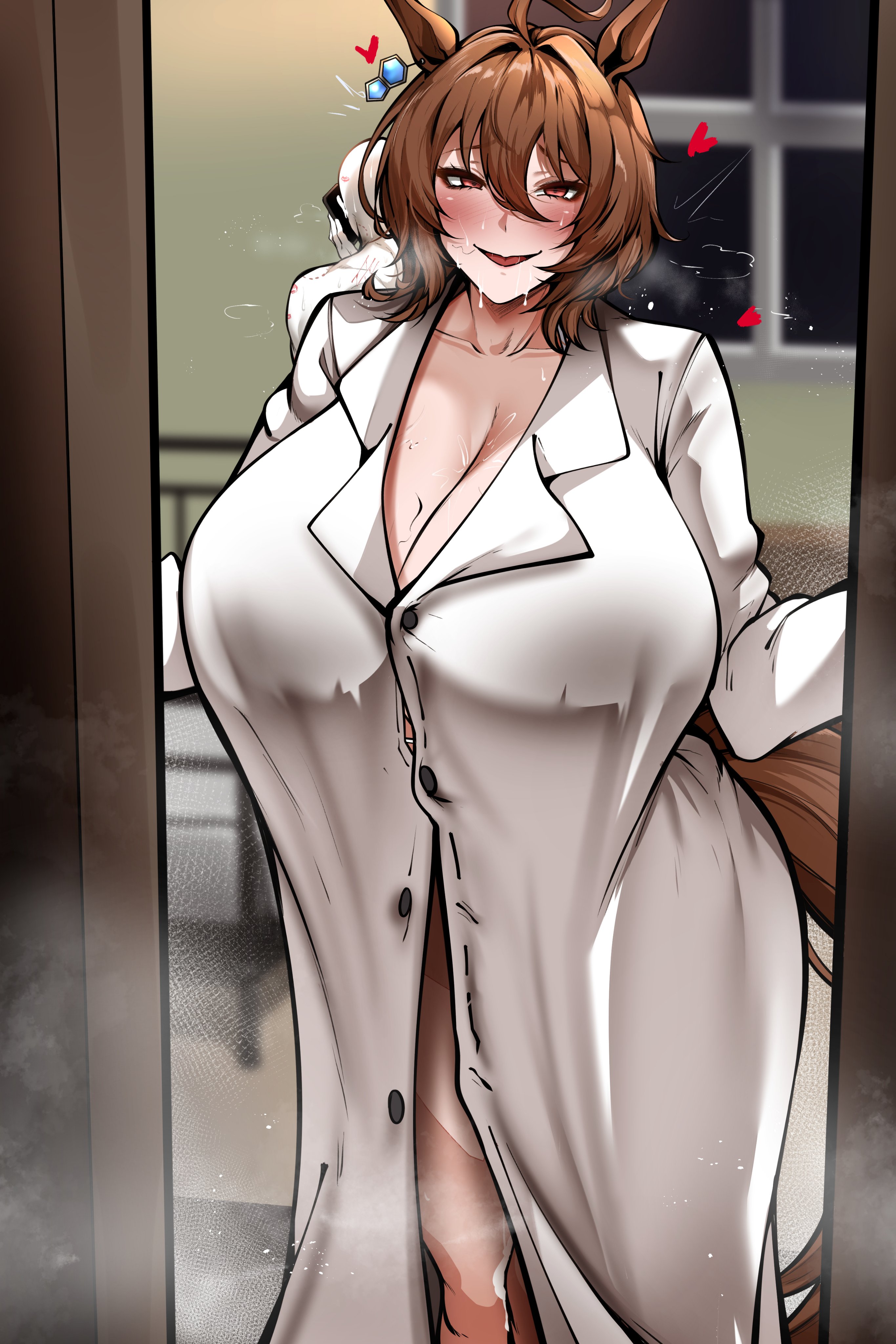 1boy, 1girls, after sex, agnes tachyon (umamusume), ahoge, bald, bite mark, blush, breasts, breasts bigger than head, brown hair, cleavage, closed eyes, covering breasts, female, female focus, horse ears, horse girl, huge breasts, kiss mark, light skin, light-skinned female, male, oversized clothes, owner (artist), scratch marks, scratches, smile, sweat, tail, thick thighs, umamusume, umamusume pretty derby, wide hips