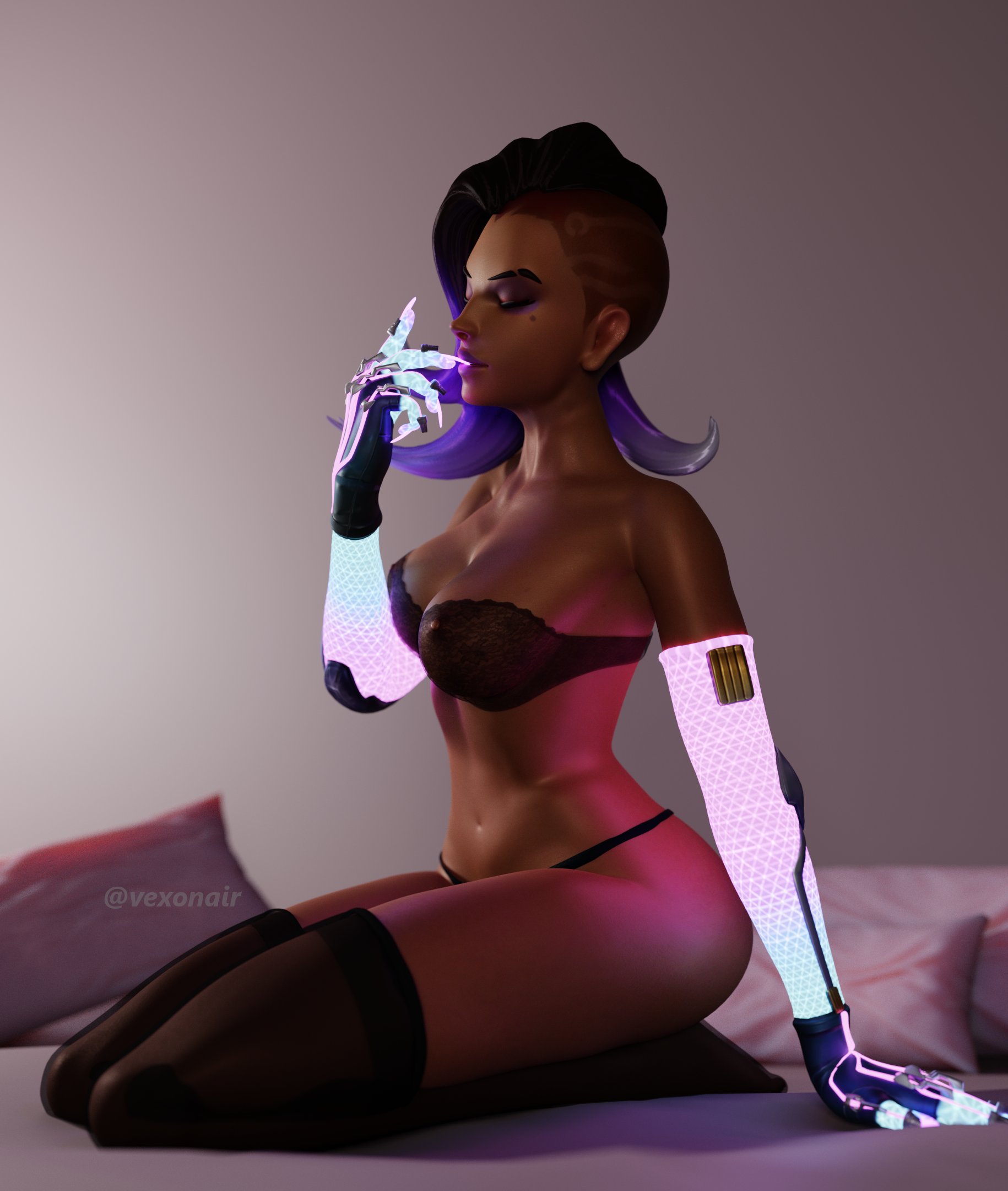 1girls, 3d, alternate version at source, beauty mark, big breasts, blizzard entertainment, bra, breasts, dark skin, dark-skinned female, female, female only, lace-trimmed bra, latina, nipple bulge, nipples, nipples visible through clothing, overwatch, solo, sombra, vexonair