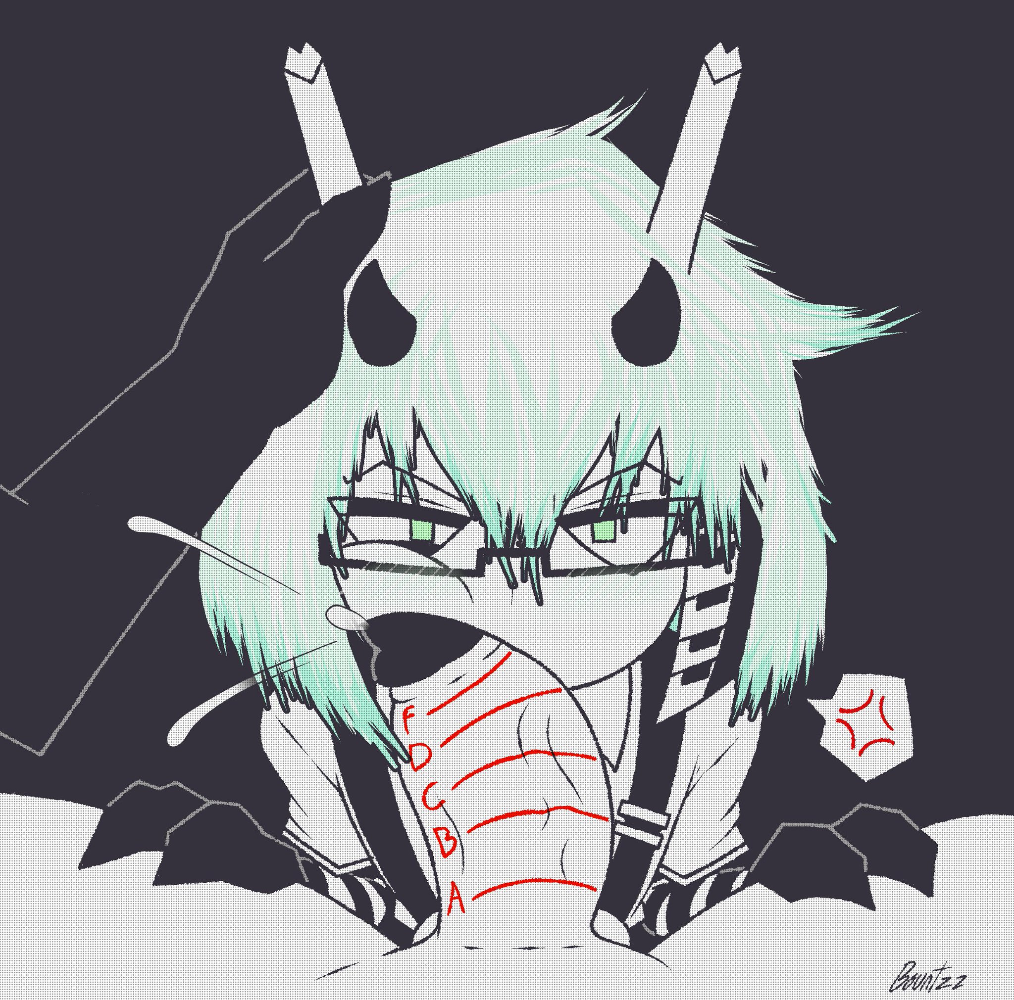 angry, angry expression, black background, cheek bulge, cock in mouth, cum, eyes half open, fpe, fundamental paper education, futa on male, glasses, graded, graded penis, grades, green eyes, gripping horn, horns, legs spread, looking at viewer, mint hair, miss circle (fundamental paper education), mister demi (fundamental paper education), overalls, pencil, piano keys, striped armwear, sucking penis, white body, white hair, writing on penis