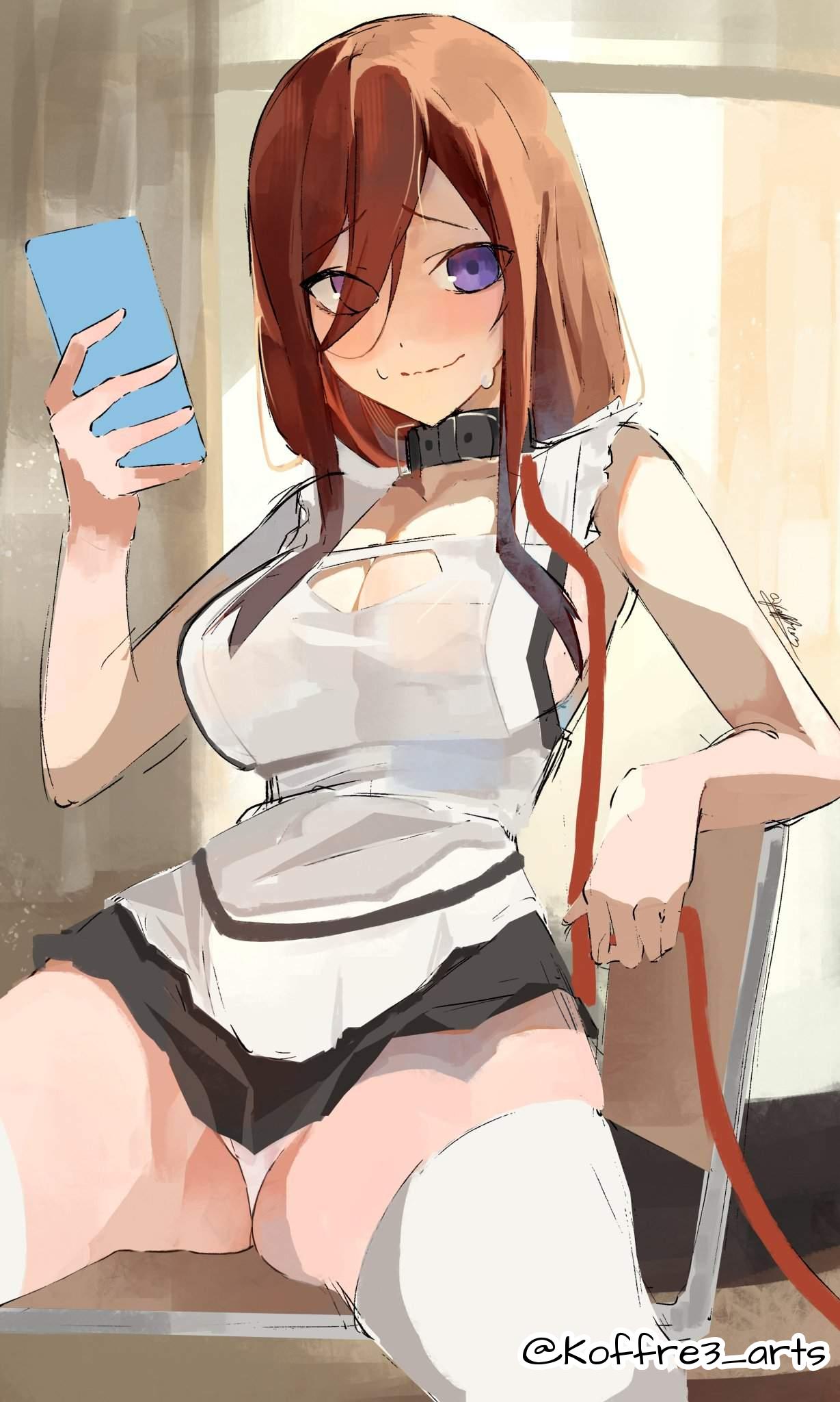 1girls, 2d, 2d (artwork), 2d artwork, alternate version at source, alternate version available, anime, anime character, arm support, asian, asian female, asian girl, big boobs, big breasts, black choker, black collar, blue eyes, blue-eyed female, breasts, brown eyebrows, brown hair, brown-haired female, busty, busty female, busty girl, busty teen, busty teenager, choker, cleavage, closed mouth smile, collar, collarbone, digital, digital art, digital drawing, digital drawing (artwork), digital media, digital media (artwork), drawing, elbows, eyebrows visible through hair, fanart, female, female focus, female only, female protagonist, fingers, go-toubun no hanayome, groin, hair between eyes, high school student, hourglass figure, japanese, japanese female, japanese girl, koffre3 arts, large boobs, large breasts, lean figure, legs apart, legs spread, legwear, long hair, looking at viewer, maid, maid apron, maid dress, maid outfit, maid uniform, more at source, nakano miku, narrow waist, nervous, nervous expression, nervous face, nervous female, nervous smile, panchira, panties, phone, portrait, school girl, shoulders, shy, shy expression, shy female, shy girl, shy smile, sitting, skirt, slender body, slender waist, slim female, slim waist, smile, smiley face, smiling, smiling at viewer, solo, spread legs, spreading legs, spreading thighs, stockings, teen girl, teenage female, teenage girl, teenage tits, teenager, tezuka productions, thick thighs, thigh highs, thighhighs, thighs, underwear, upper body, upskirt, weekly shonen magazine, white legwear, white panties, white stockings, white thigh highs, white thighhighs, white underwear, wide hips, young female, young woman