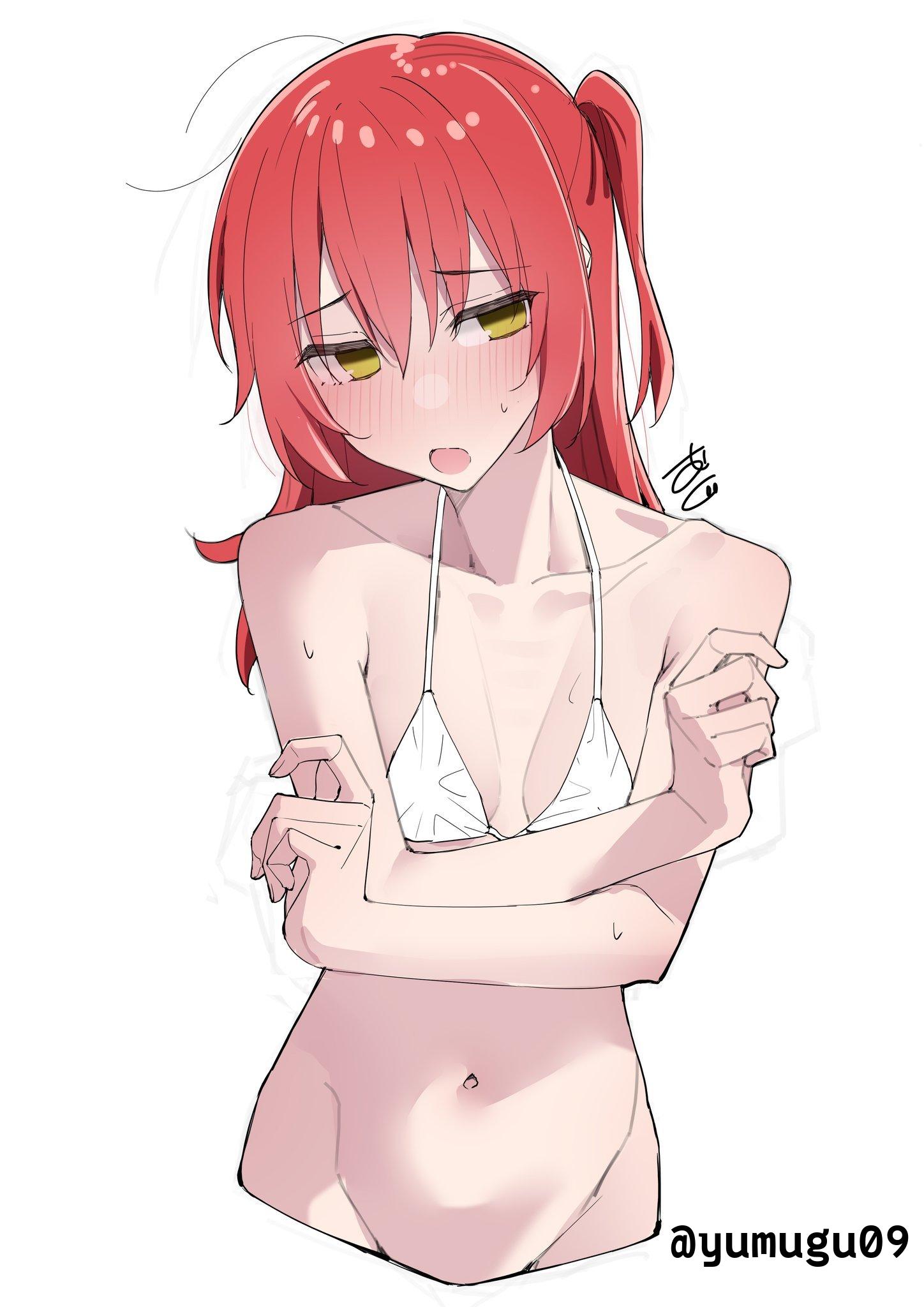 :o, 1girls, 2d, 2d (artwork), 2d artwork, almost naked, almost nude, anime, anime character, arm under breasts, arms crossed, arms crossed under breasts, arms under breasts, ashamed, asian, asian female, asian girl, background, bare arms, bare belly, bare chest, bare hands, bare hips, bare midriff, bare navel, bare shoulders, bare skin, belly, belly button, bikini, bikini only, bikini top, blank background, blush face, blush lines, blushing, blushing at viewer, blushing female, blushing lines, bocchi the rock!, breasts, cloverworks, collarbone, covering, covering breasts, covering chest, covering nipples, covering self, crossed arms, digital, digital art, digital drawing, digital drawing (artwork), digital media, digital media (artwork), drawing, elbows, embarrassed, embarrassed expression, embarrassed female, exposed, exposed arms, exposed belly, exposed chest, exposed hips, exposed midriff, exposed navel, exposed shoulders, exposed skin, eyebrows visible through hair, fanart, female, female focus, female only, female protagonist, female torso, fingers, flushed, flushed face, flustered, flustered female, from front, front view, green eyes, green-eyed female, groin, hair between eyes, halterneck, head tilt, hiding breasts, high school student, inframammary fold, inguinal crease, inguinal ligament, japanese, japanese female, japanese girl, kita ikuyo, lean figure, long hair, looking at viewer, micro bikini, midriff, monotone background, mostly nude, naked, naked female, naked woman, narrow waist, navel, nearly nude, nude, nude female, nudity, one color background, one side up, open mouth, parted lips, petite, petite body, petite breasts, petite female, petite girl, petite tits, plain background, portrait, practically nude, red hair, red-haired female, school girl, shoulders, sidelocks, skimpy bikini, slender body, slender waist, slim female, slim waist, small bikini, small boobs, small breasts, small tits, solid color background, solo, standing, string bikini, swimsuit, swimwear, teen girl, teenage girl, teenager, thong bikini, tied hair, tilted head, tiny breasts, tiny tits, tongue, top view, upper body, white background, white bikini, white bikini top, white micro bikini, white string bikini, white swimsuit, white swimwear, young female, young woman