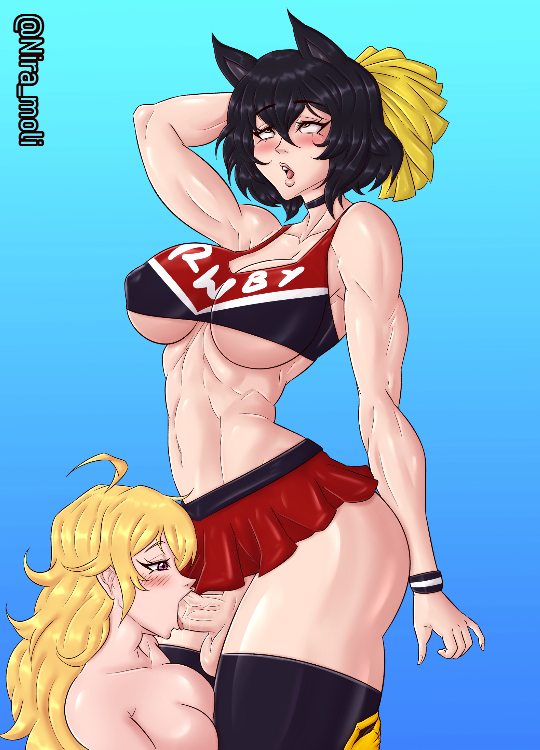 armpits, big balls, big breasts, big penis, blake belladonna, blonde, blowjob, blowjob only, brunette, canon couple, cat ears, cat girl, catgirl, cheerleader, cheerleader outfit, cheerleader uniform, cock, costume, deep blowjob, deep penetration, deepthroat, dick, dickgirl, dickgirl/female, fellatio, fellatio face, futa, futanari, futanari on female, futanari penetrating, futanari/female, gagging, huge cock, lesbian, niramoli, oral, oral penetration, oral sex, rwby, skirt, skirt lift, skirt suit, sports uniform, sportswear, yang xiao long, yuri