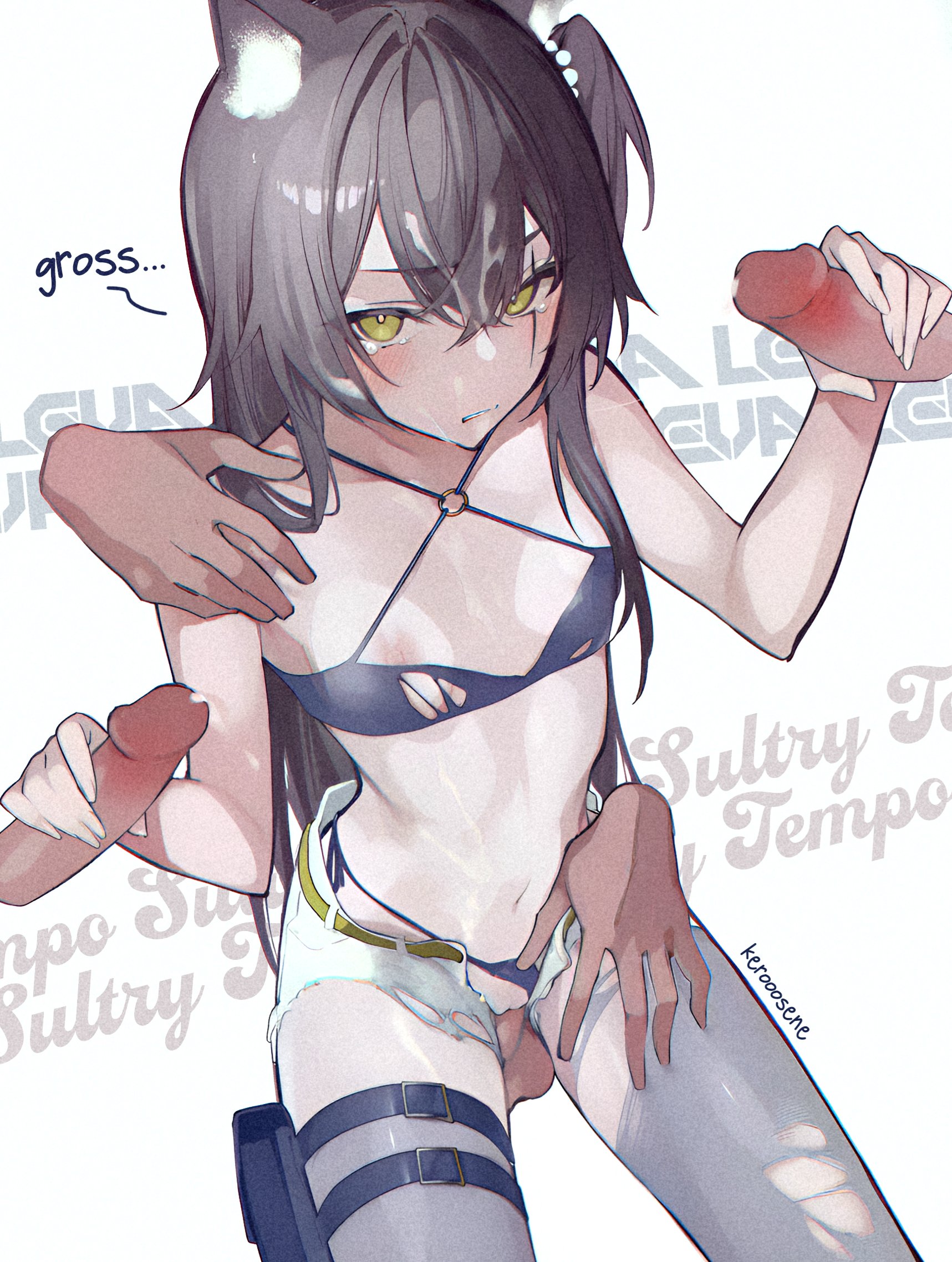 1girls, 3boys, animal ears, bare shoulders, belly button, black hair, blush, booty shorts, bra, breasts, breasts out, cum, cum in hair, cum on body, cum on face, cum on penis, dialogue, disembodied hand, disembodied hands, disembodied penis, double handjob, embarrassed, english text, female, female focus, flat chest, foursome, frown, girls' frontline, girls' frontline 2: exilium, grabbing shoulders, handjob, kerooosene, legwear, leva (girls' frontline 2), leva (sultry tempo) (girls' frontline 2), long hair, male, mmmf foursome, nipples, panties, panties aside, pantyhose, penetration, penis, pussy, ripped clothing, sex, sex from behind, small breasts, stomach, straight, tears, thighs, ump45 (girls' frontline), vaginal penetration, yellow eyes